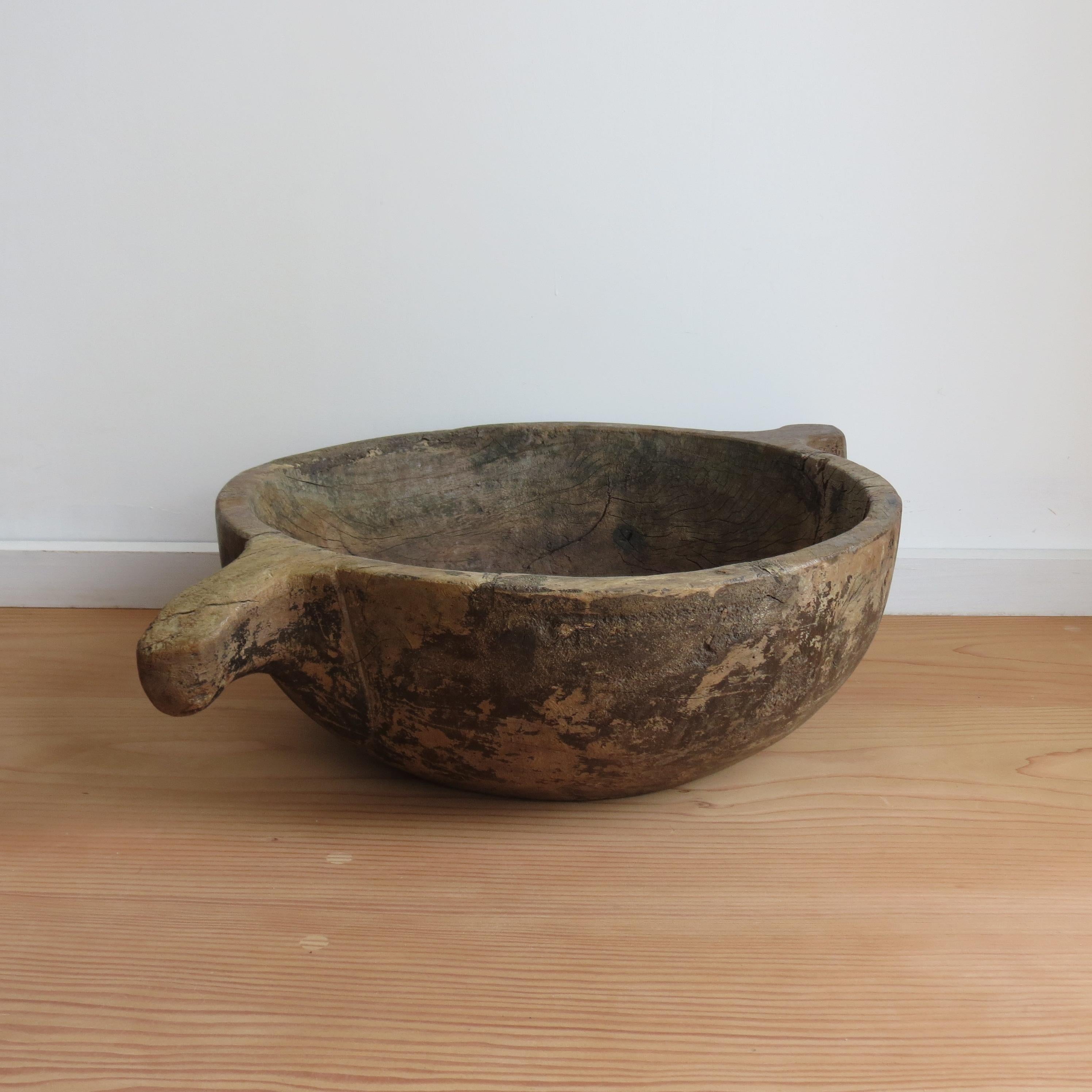 African Very large Iroko Wooden Bowl with Handles Wabi Sabi Style