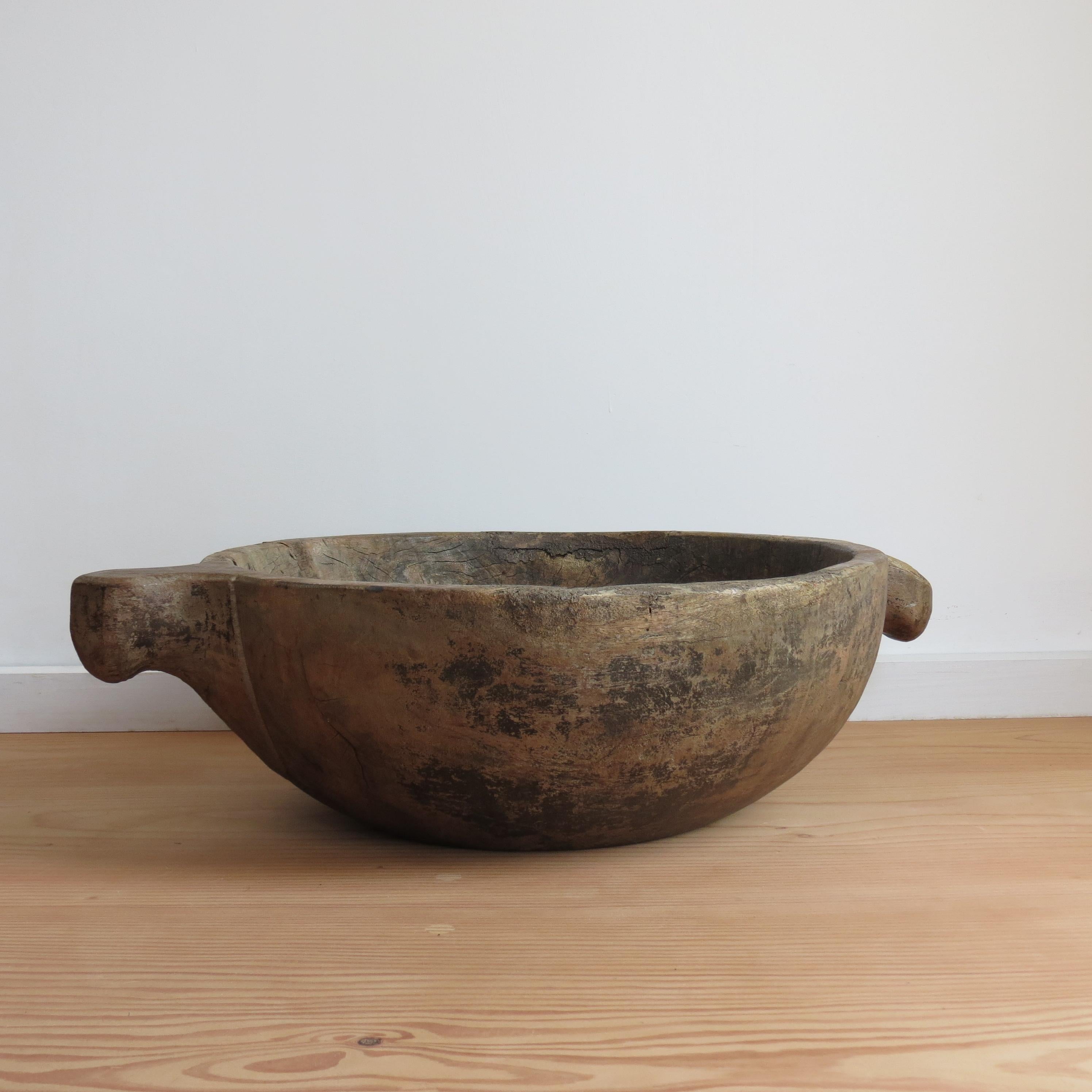 Hand-Carved Very large Iroko Wooden Bowl with Handles Wabi Sabi Style
