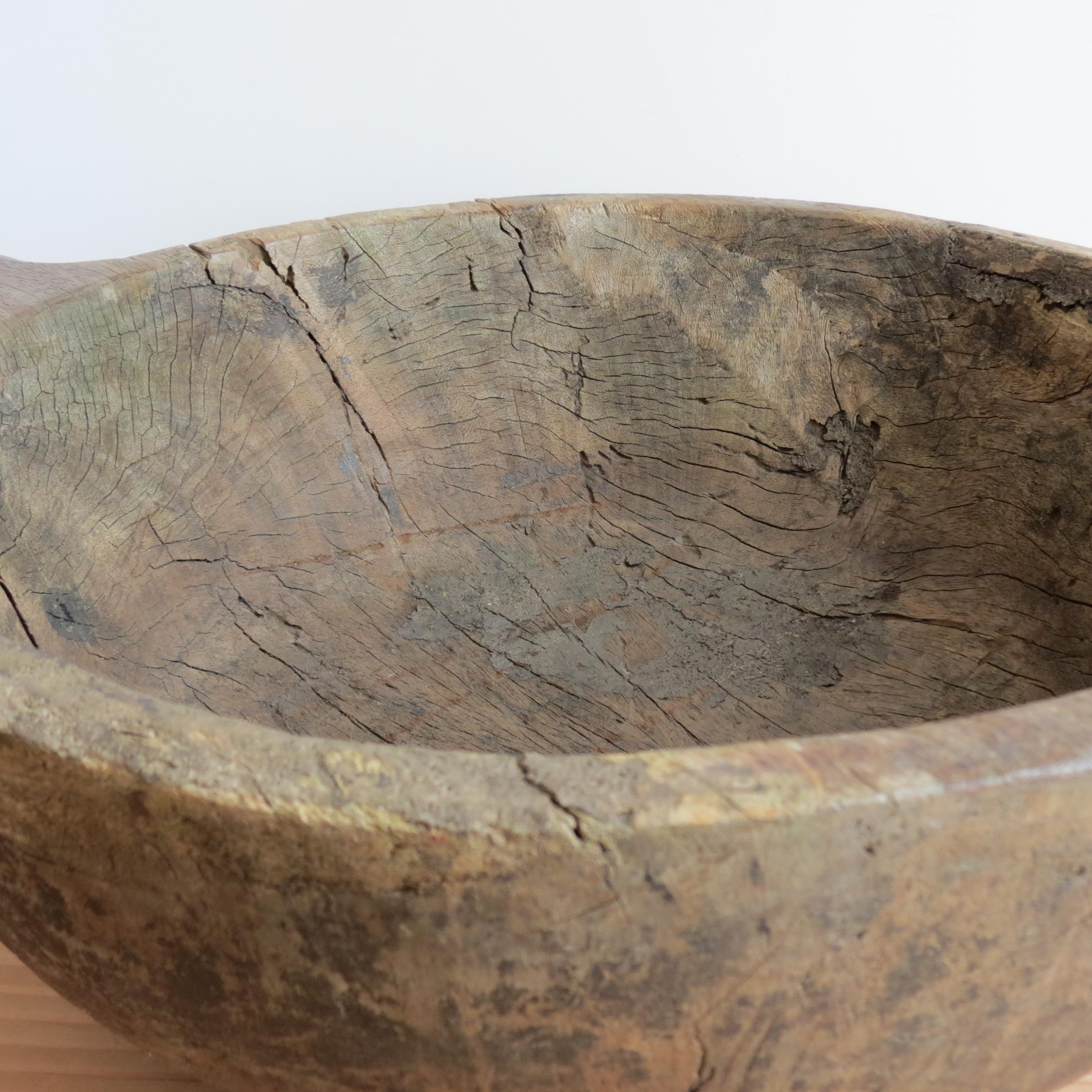 Very large Iroko Wooden Bowl with Handles Wabi Sabi Style 2