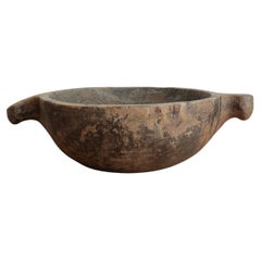 Antique Very large Iroko Wooden Bowl with Handles Wabi Sabi Style