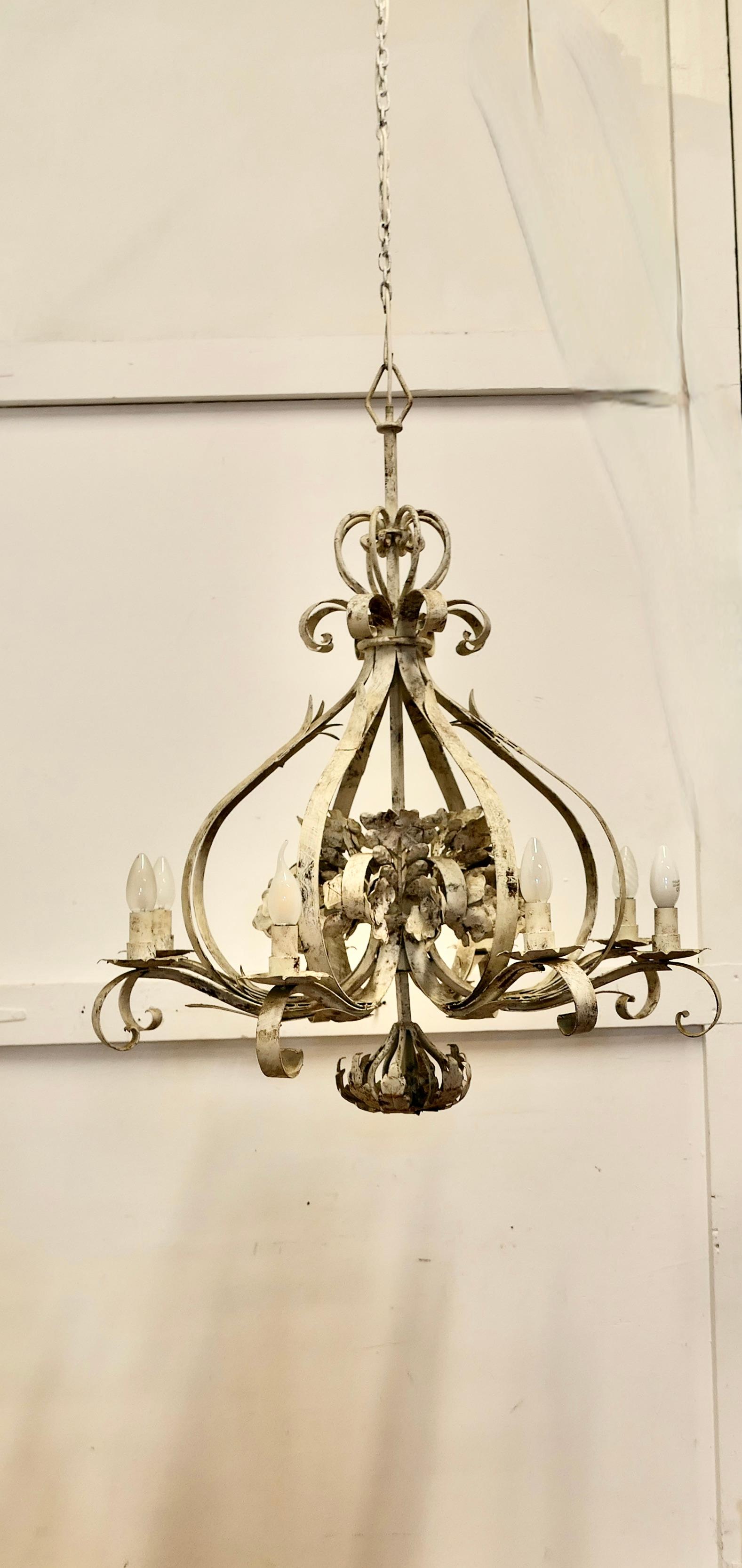 Very Large Italian 8 Branch Open Ceiling Chandelier, Distressed White For Sale 4