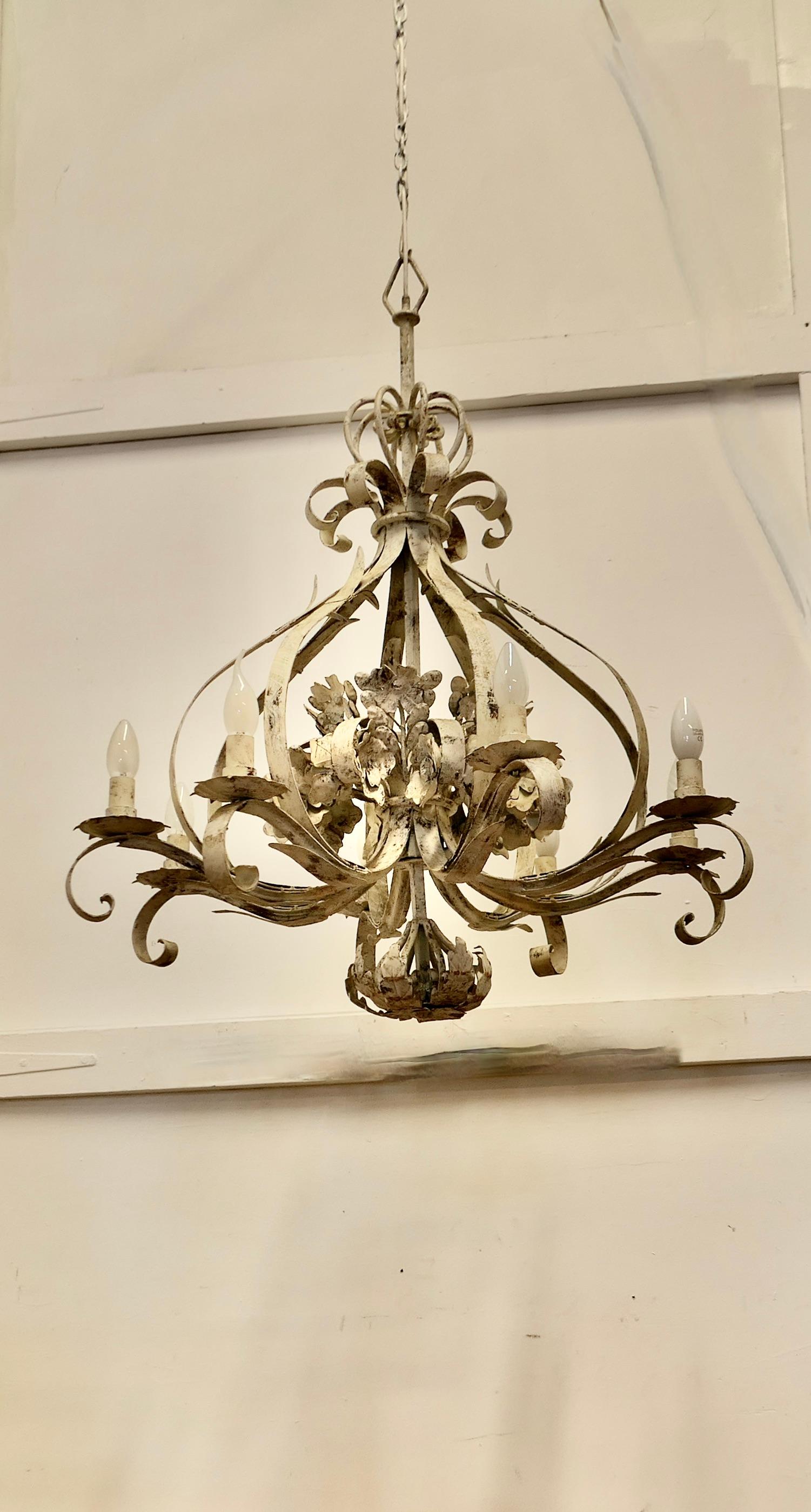 Very Large Italian 8 Branch Open Ceiling Chandelier, Distressed White For Sale 5