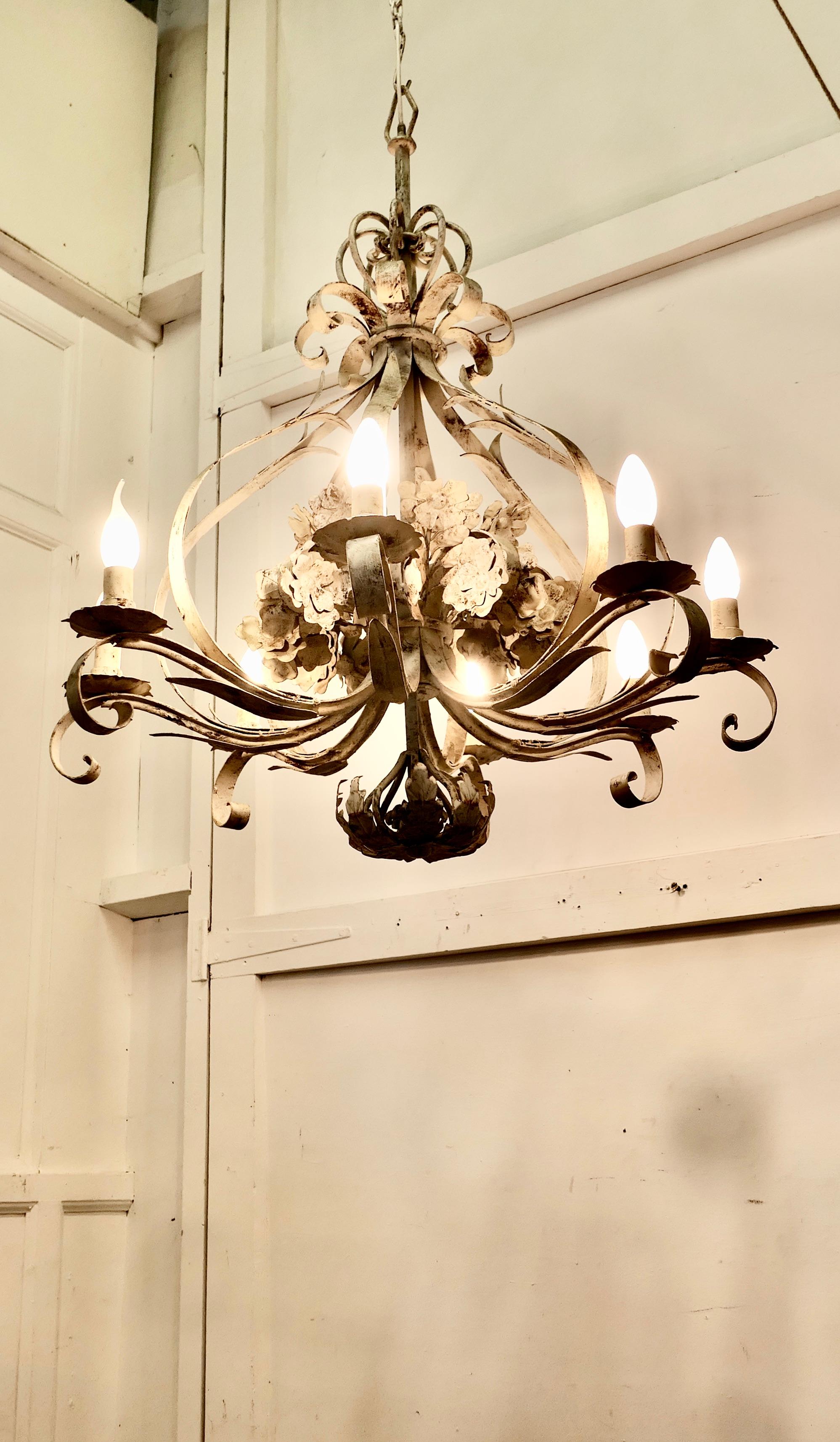 Arts and Crafts Very Large Italian 8 Branch Open Ceiling Chandelier, Distressed White For Sale