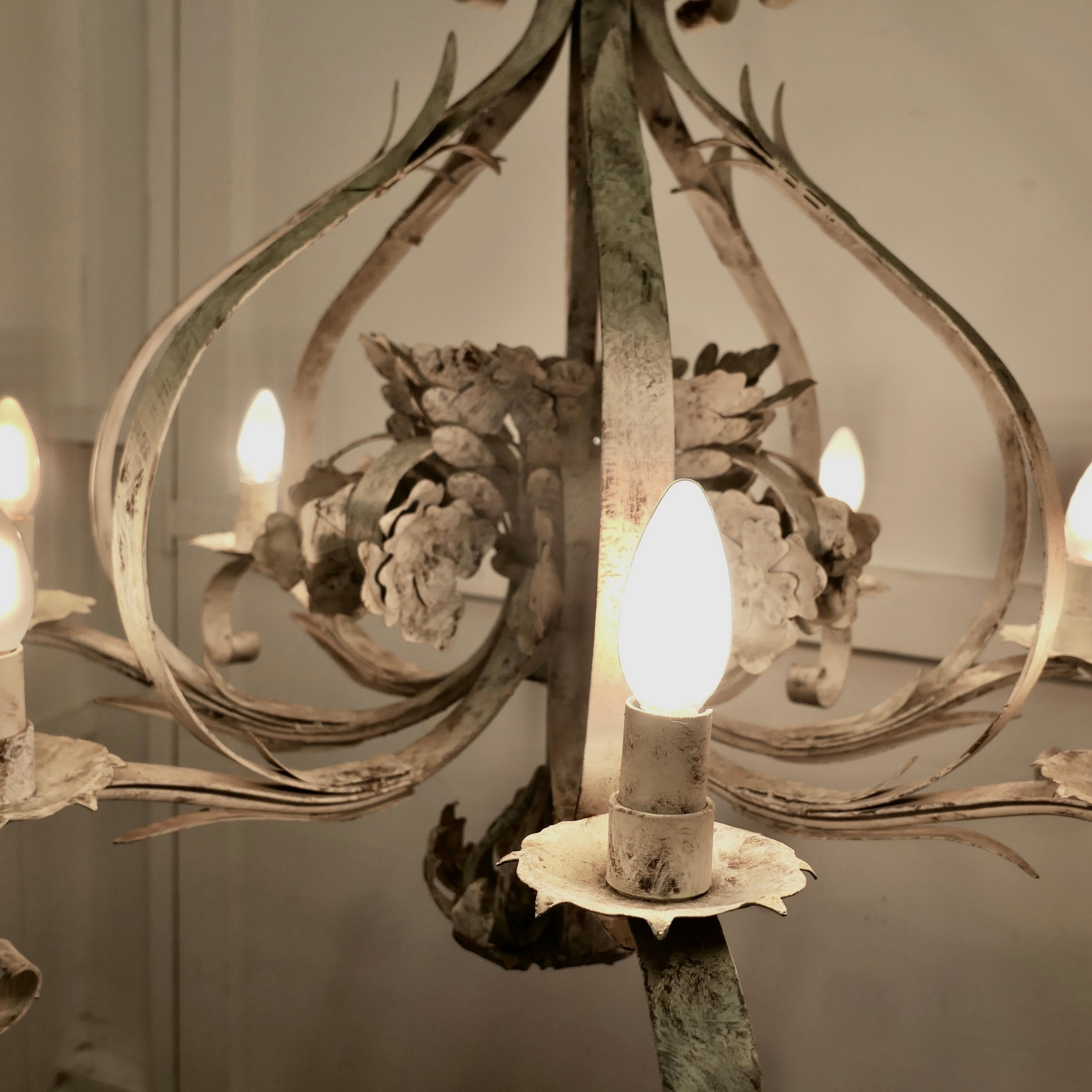 Late 20th Century Very Large Italian 8 Branch Open Ceiling Chandelier, Distressed White For Sale