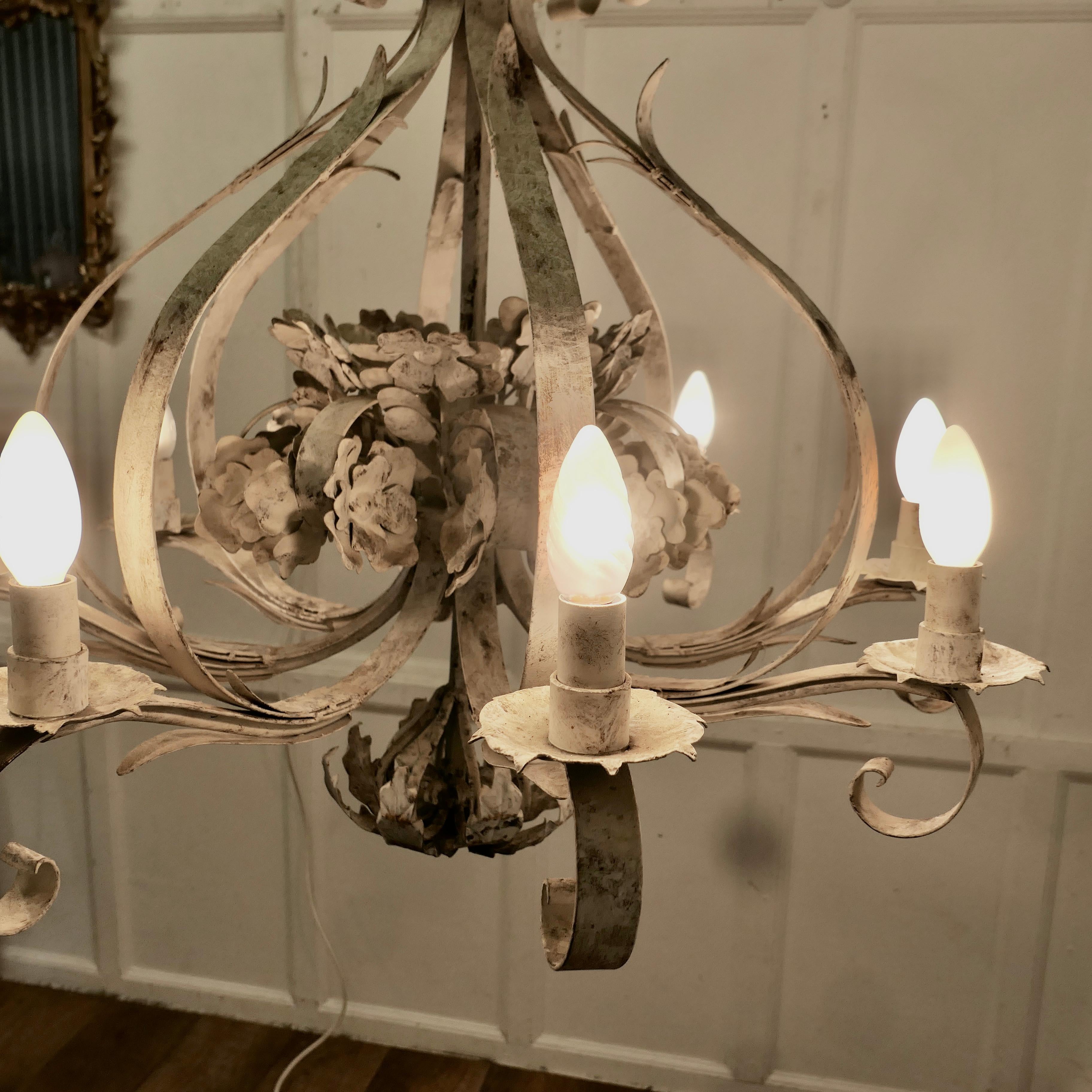 Iron Very Large Italian 8 Branch Open Ceiling Chandelier, Distressed White For Sale