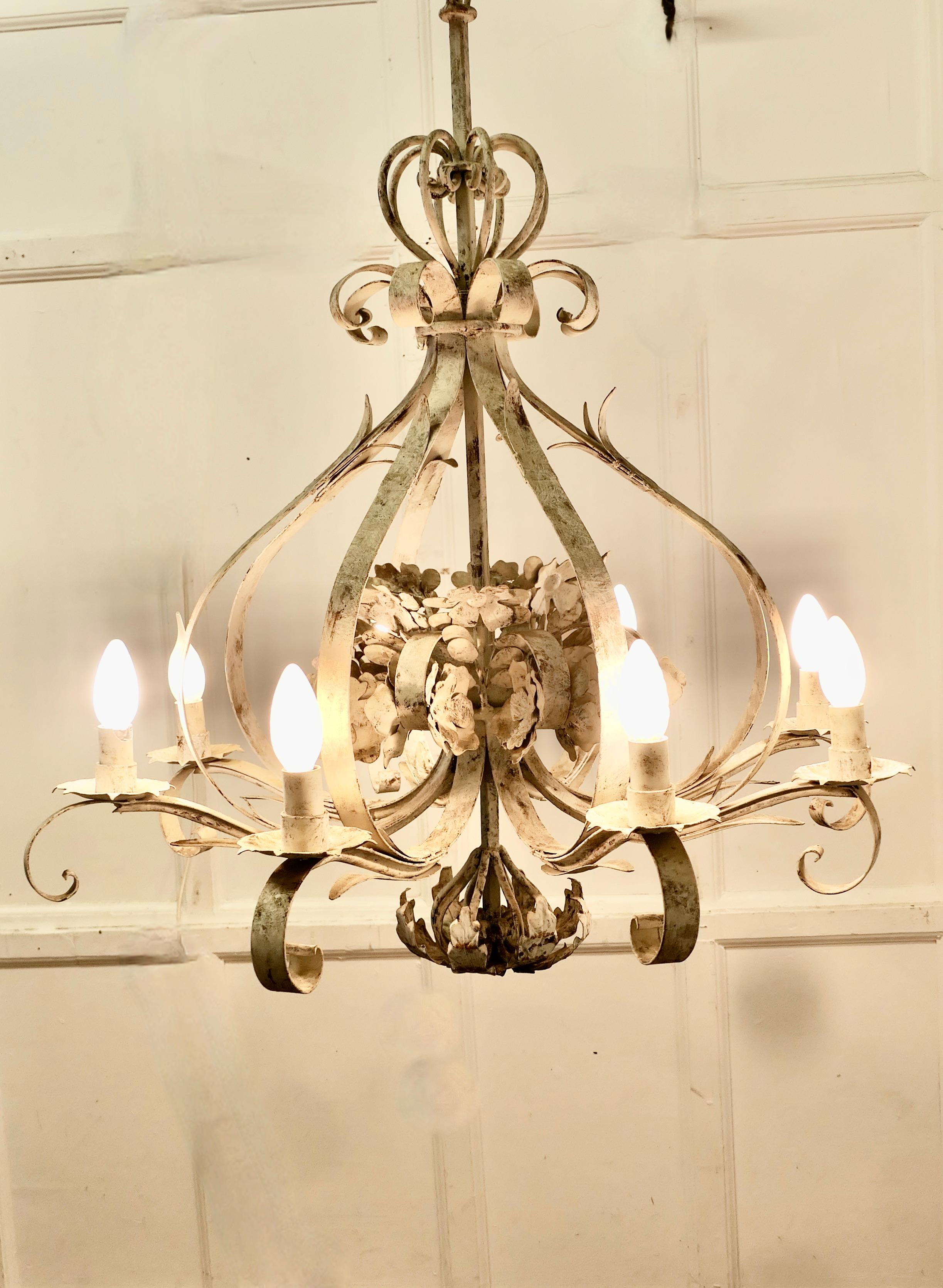 Very Large Italian 8 Branch Open Ceiling Chandelier, Distressed White For Sale 1