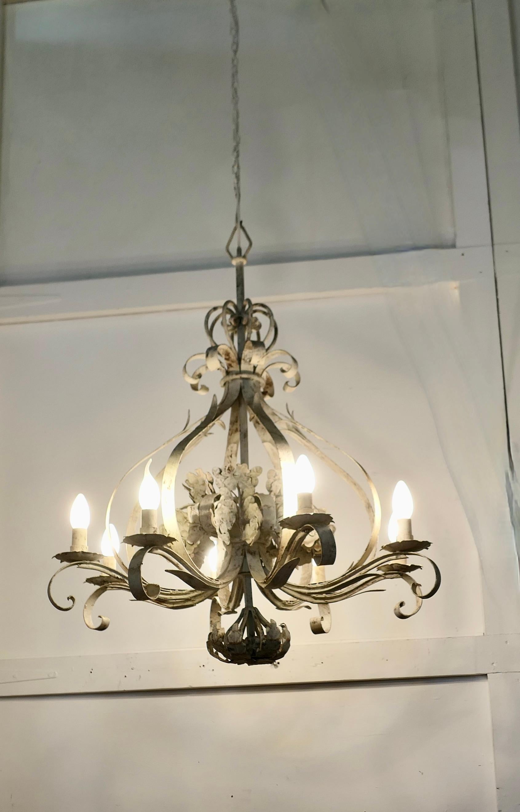 Very Large Italian 8 Branch Open Ceiling Chandelier, Distressed White For Sale 2
