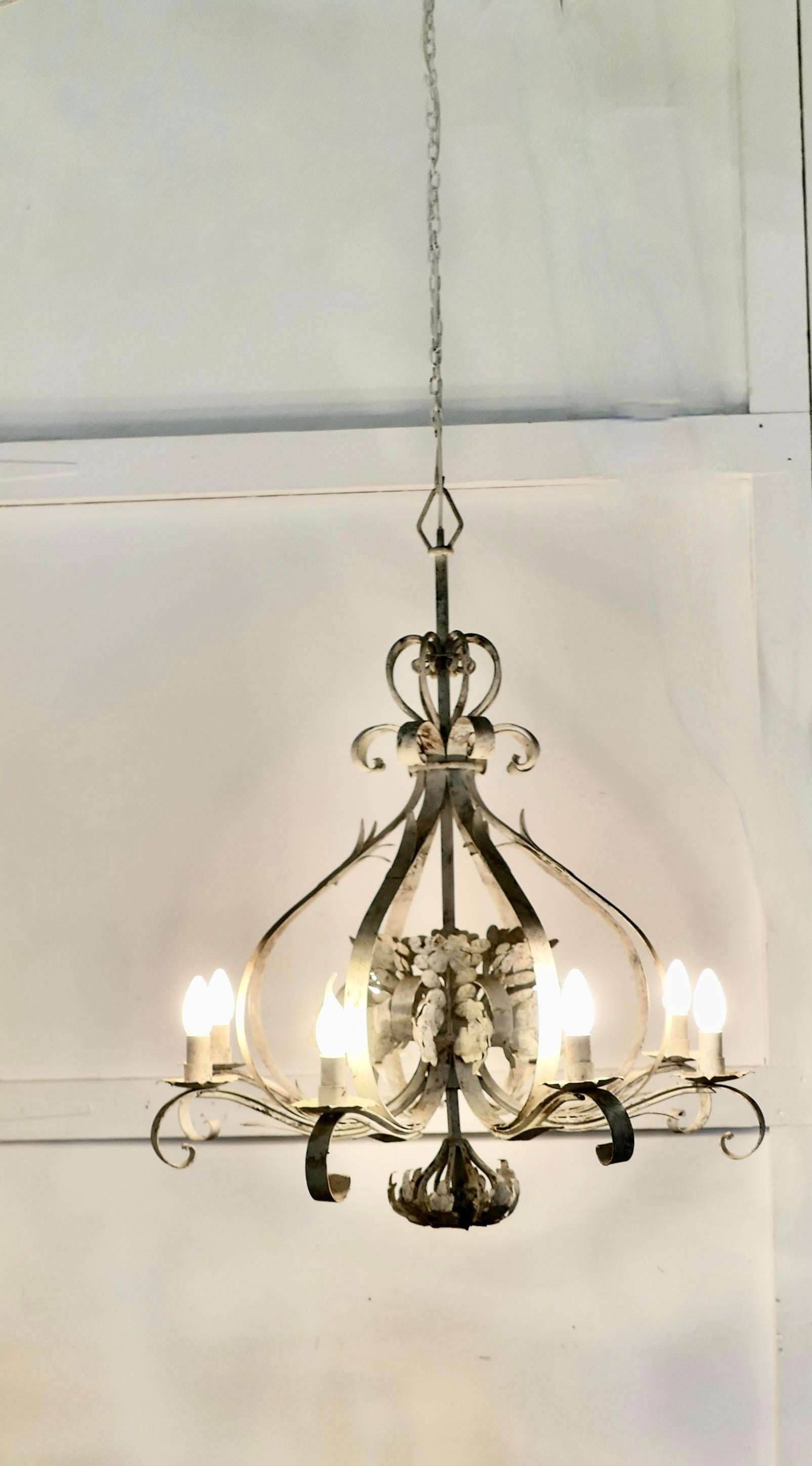 Very Large Italian 8 Branch Open Ceiling Chandelier, Distressed White For Sale 3