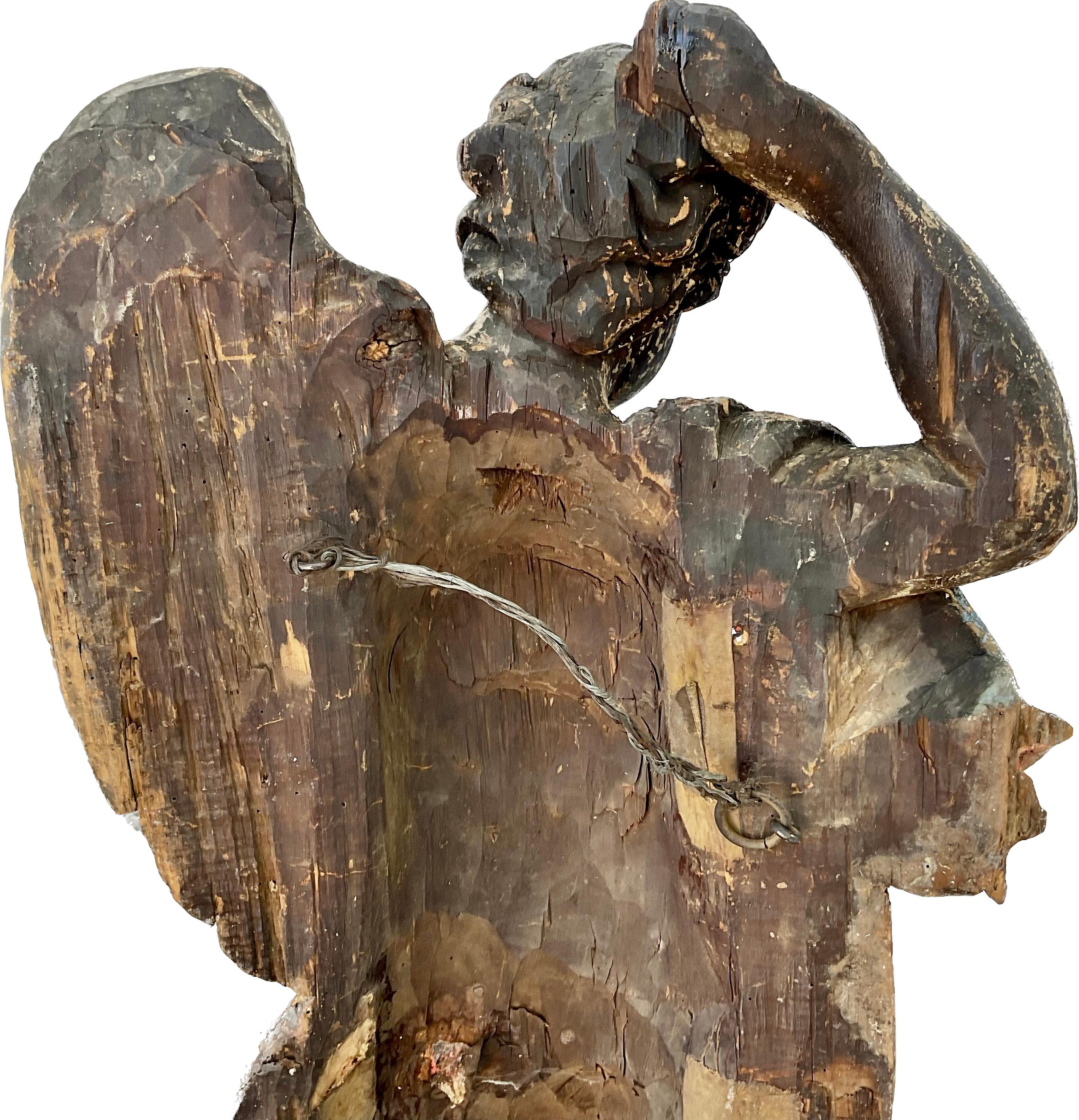 Very Large Italian Baroque Wood Angel Sculpture, Late 17th Century For Sale 5