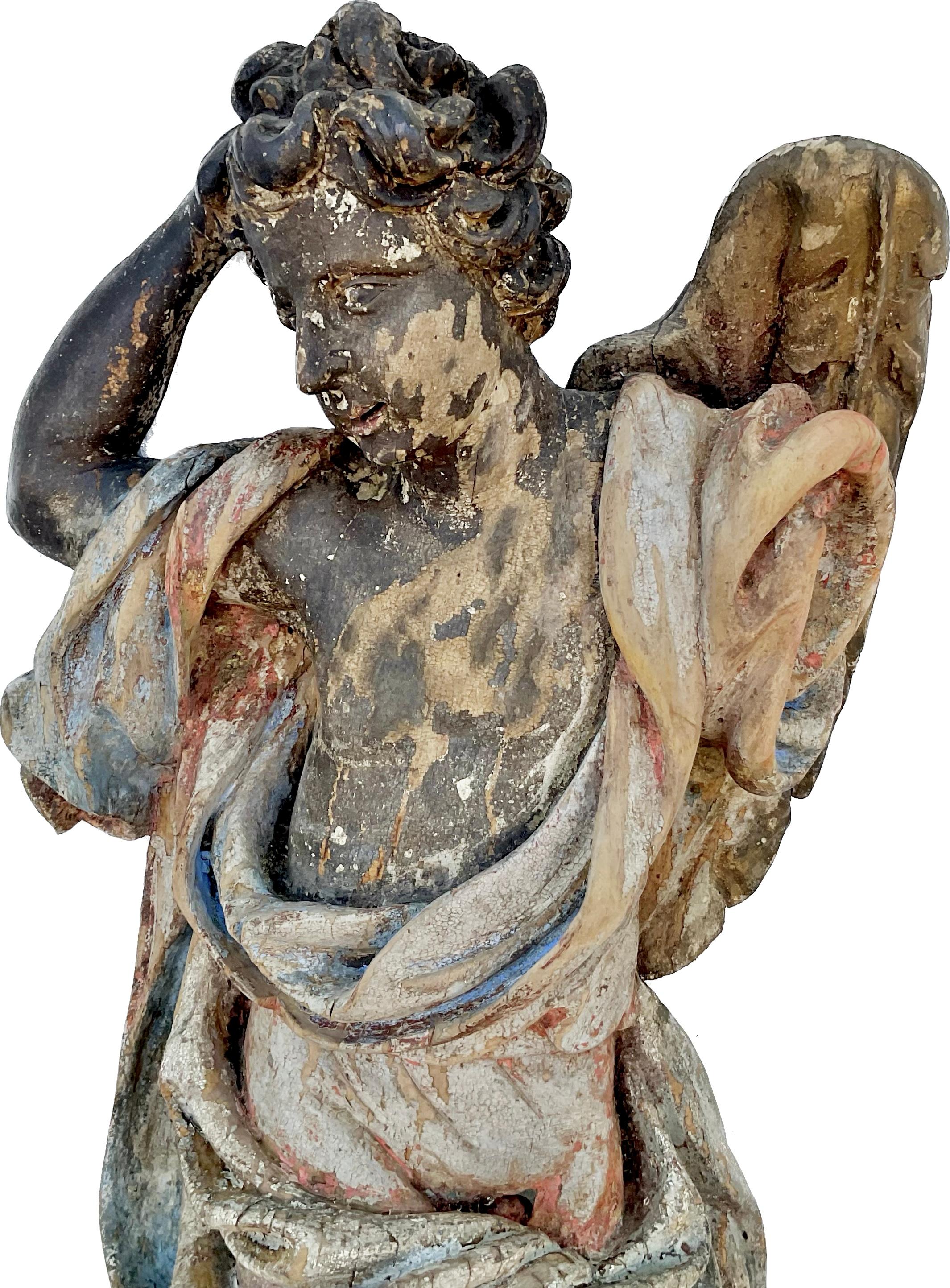 Very Large Italian Baroque Wood Angel Sculpture, Late 17th Century In Fair Condition For Sale In Bradenton, FL