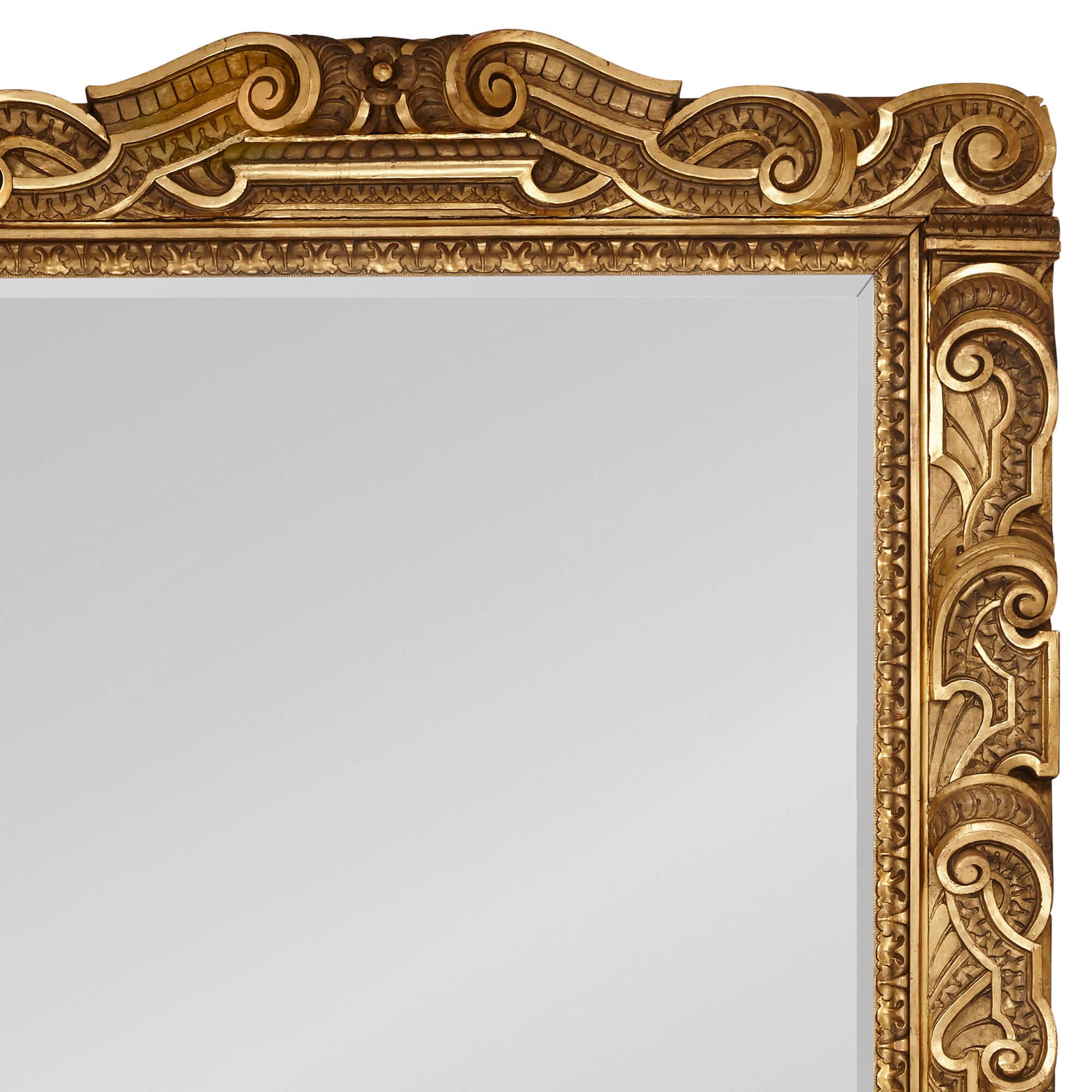 Très grand miroir italien sculpté dans le style baroque
Italie, 19e siècle
Hauteur 254 cm, largeur 168 cm, profondeur 11 cm

Ce très grand miroir mural en bois doré est conçu dans le style baroque italien. Le miroir présente un cadre rectangulaire
