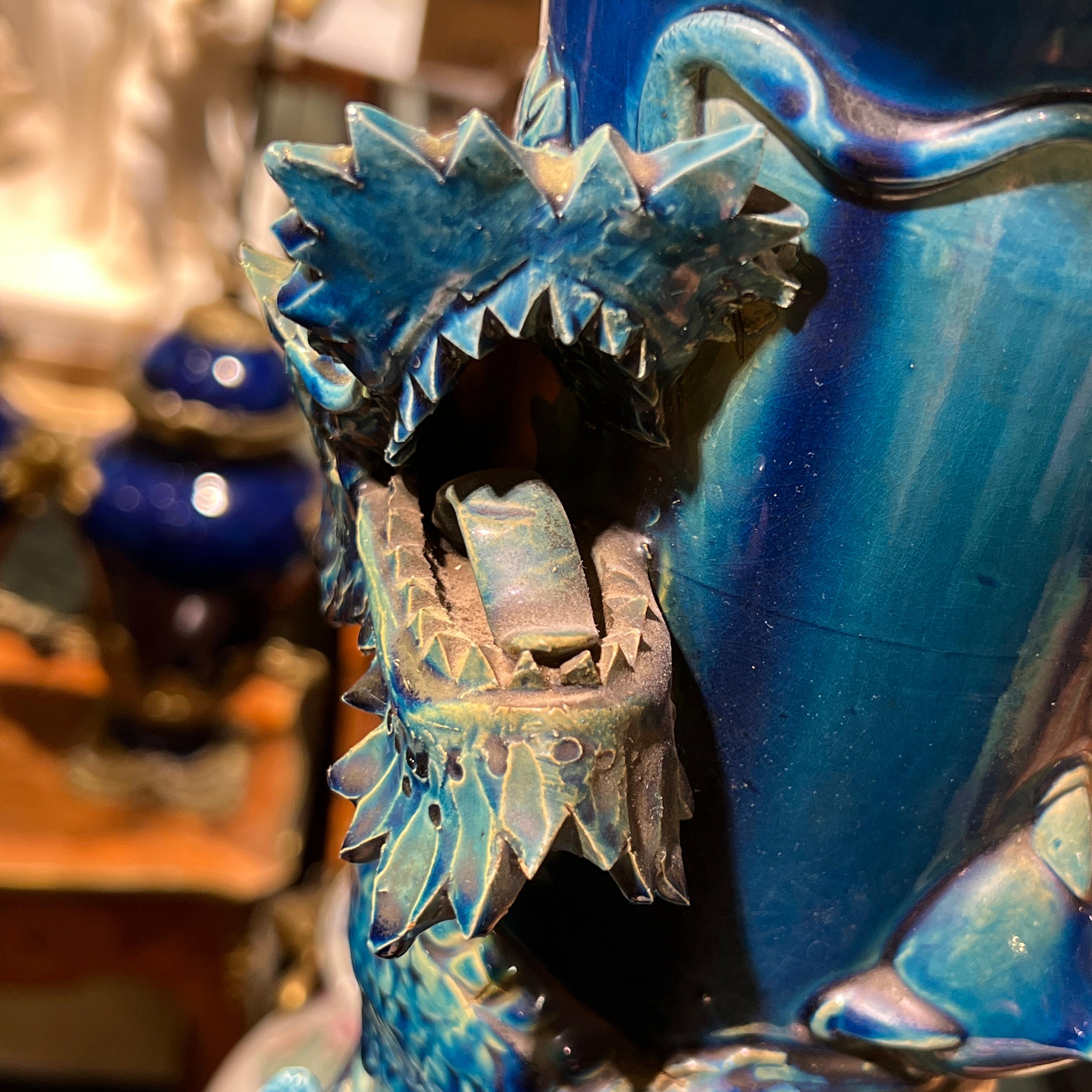 very large Japanese Blue Flambe Glazed Ceramic Dragon Vase For Sale 6