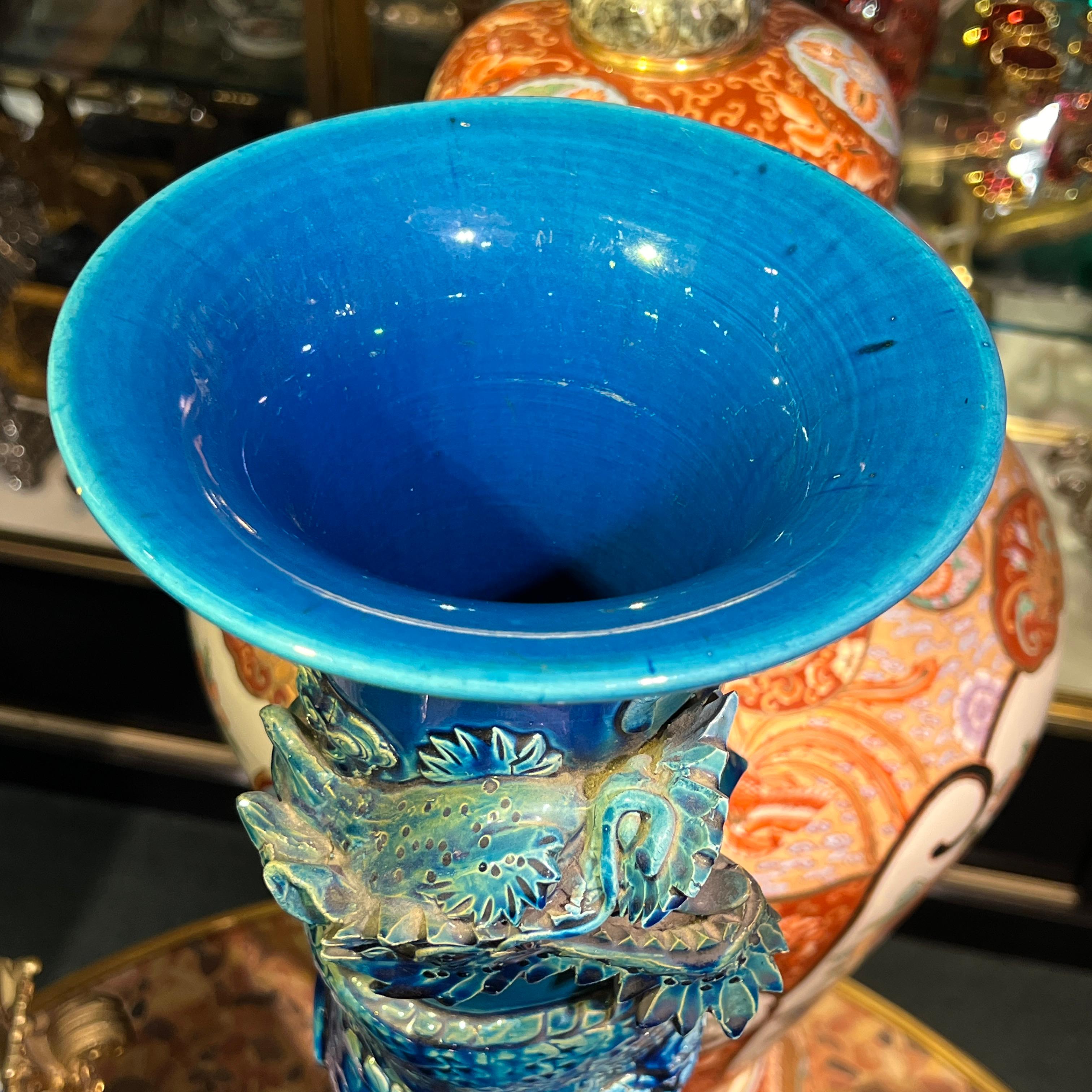 very large Japanese Blue Flambe Glazed Ceramic Dragon Vase For Sale 7