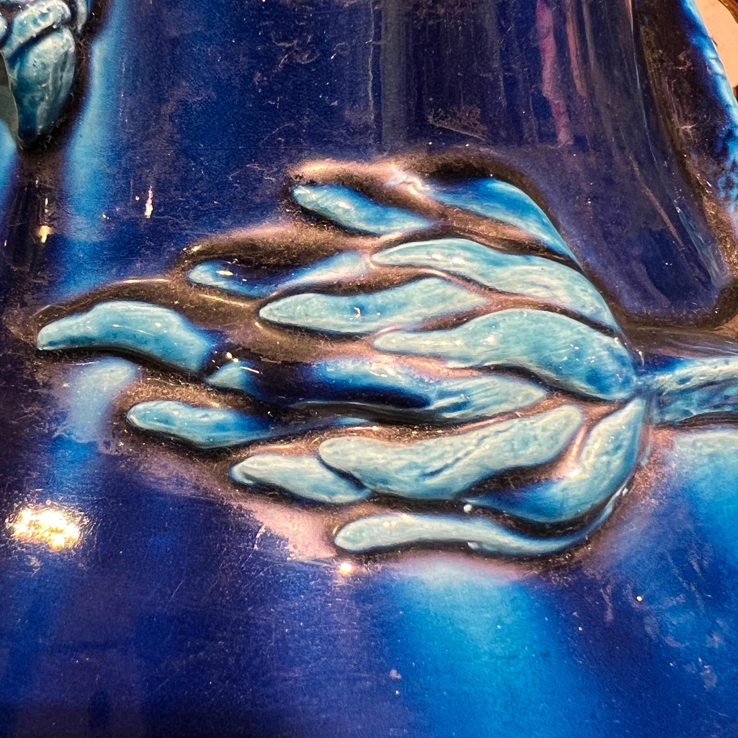 very large Japanese Blue Flambe Glazed Ceramic Dragon Vase For Sale 8