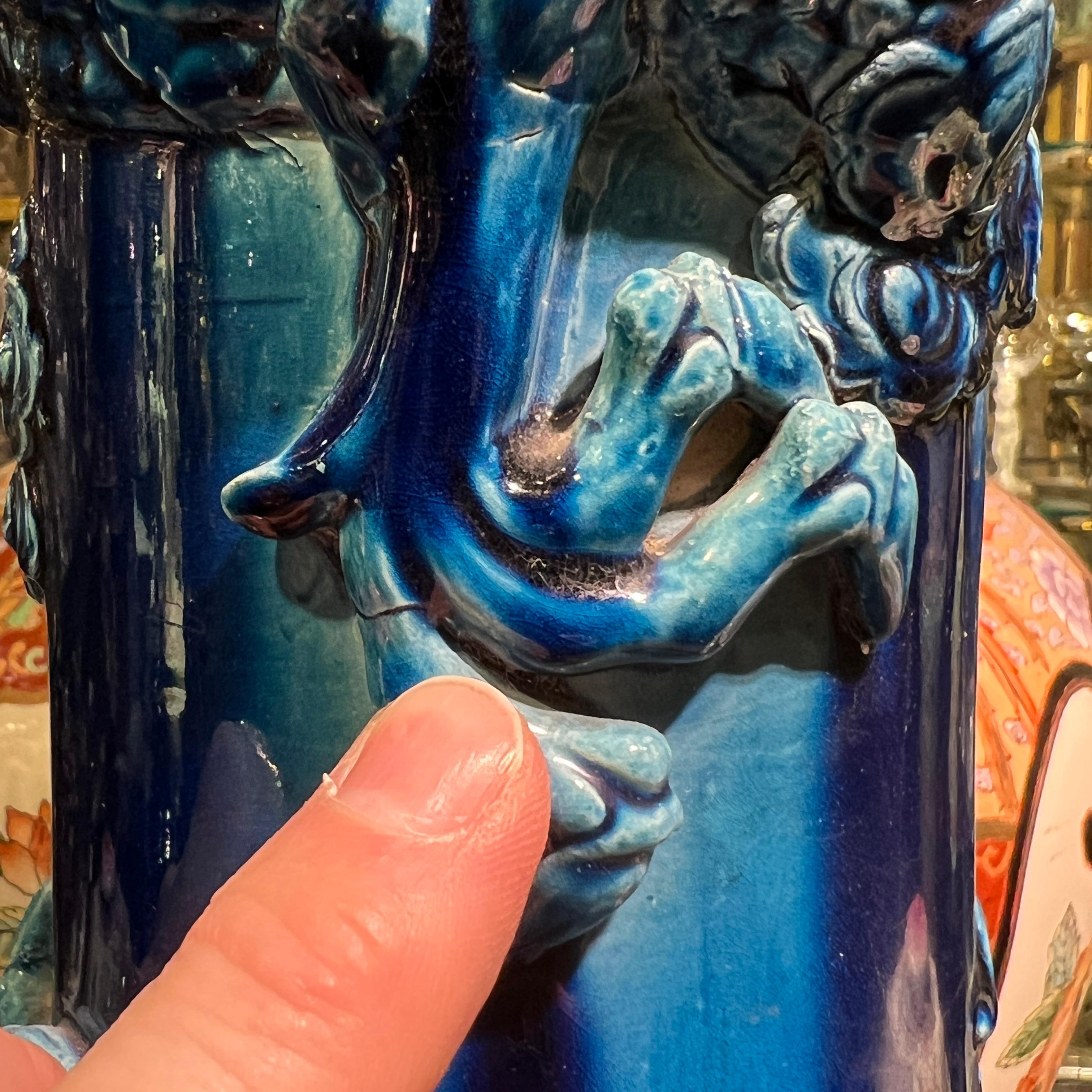 very large Japanese Blue Flambe Glazed Ceramic Dragon Vase For Sale 9