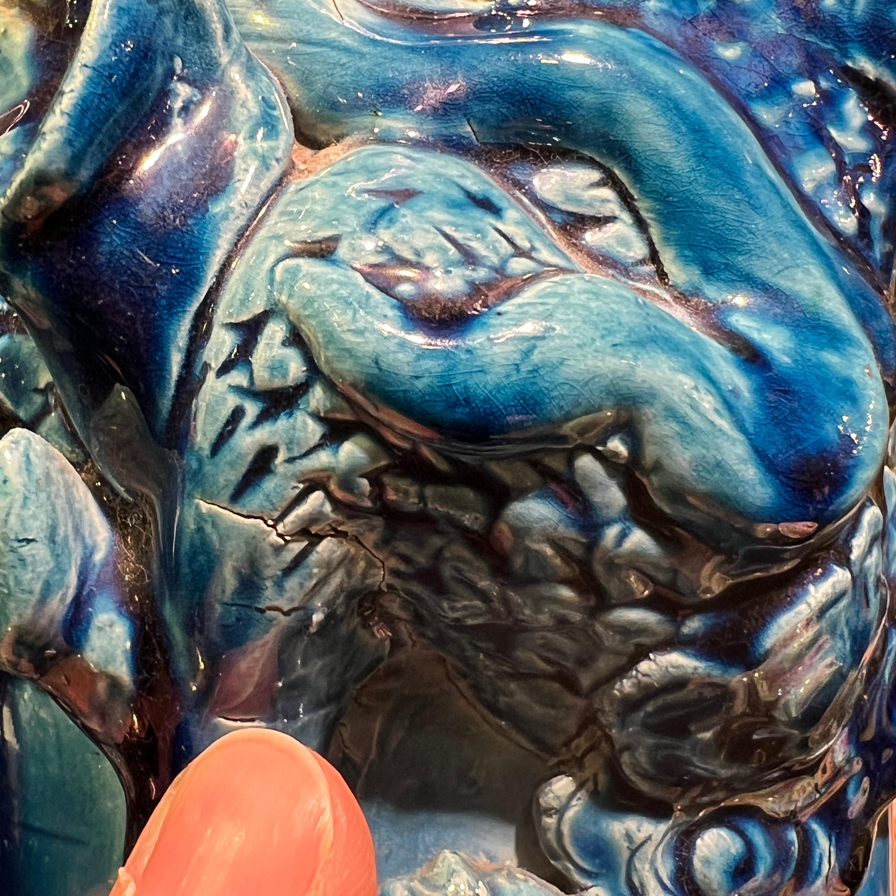 very large Japanese Blue Flambe Glazed Ceramic Dragon Vase For Sale 10