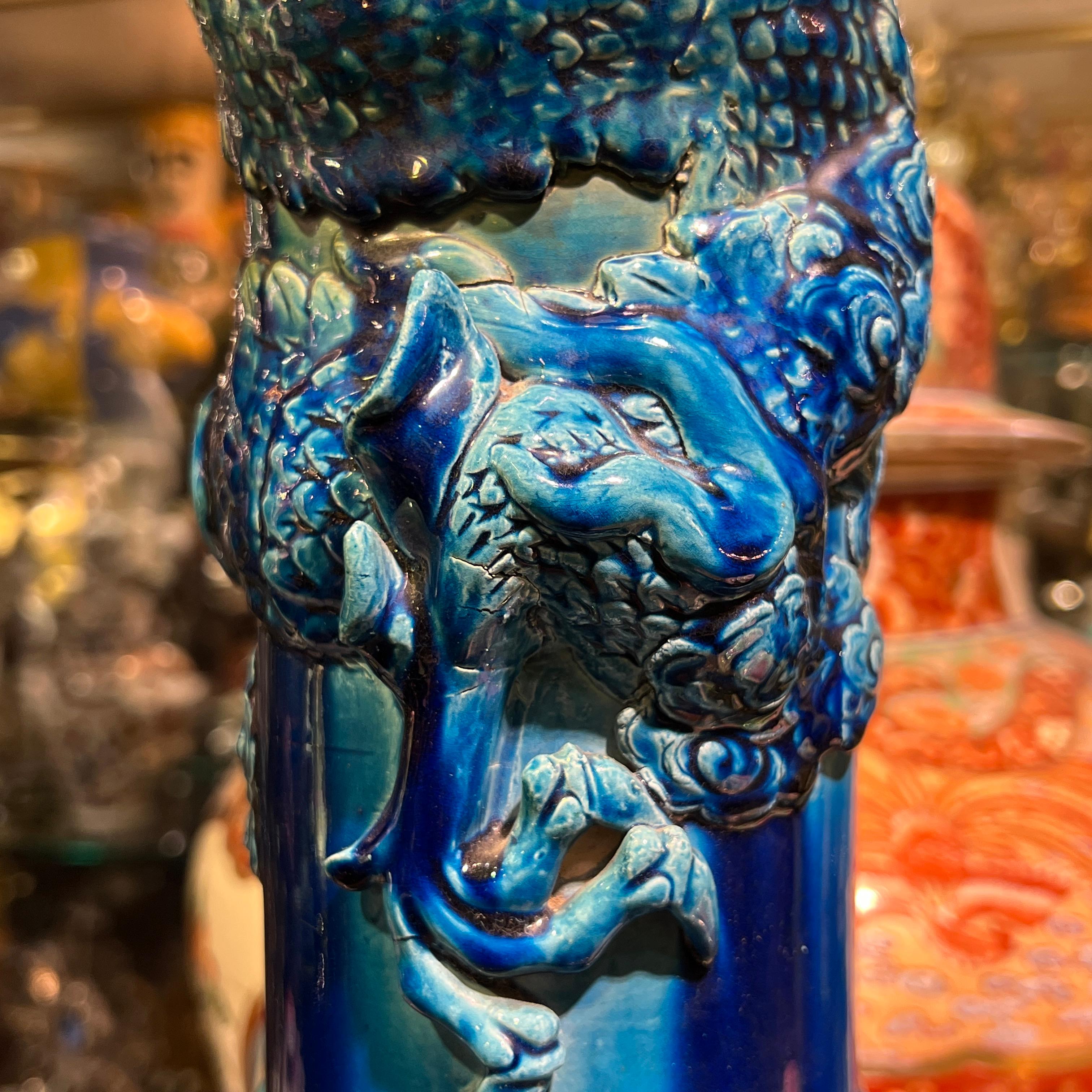 very large Japanese Blue Flambe Glazed Ceramic Dragon Vase For Sale 11