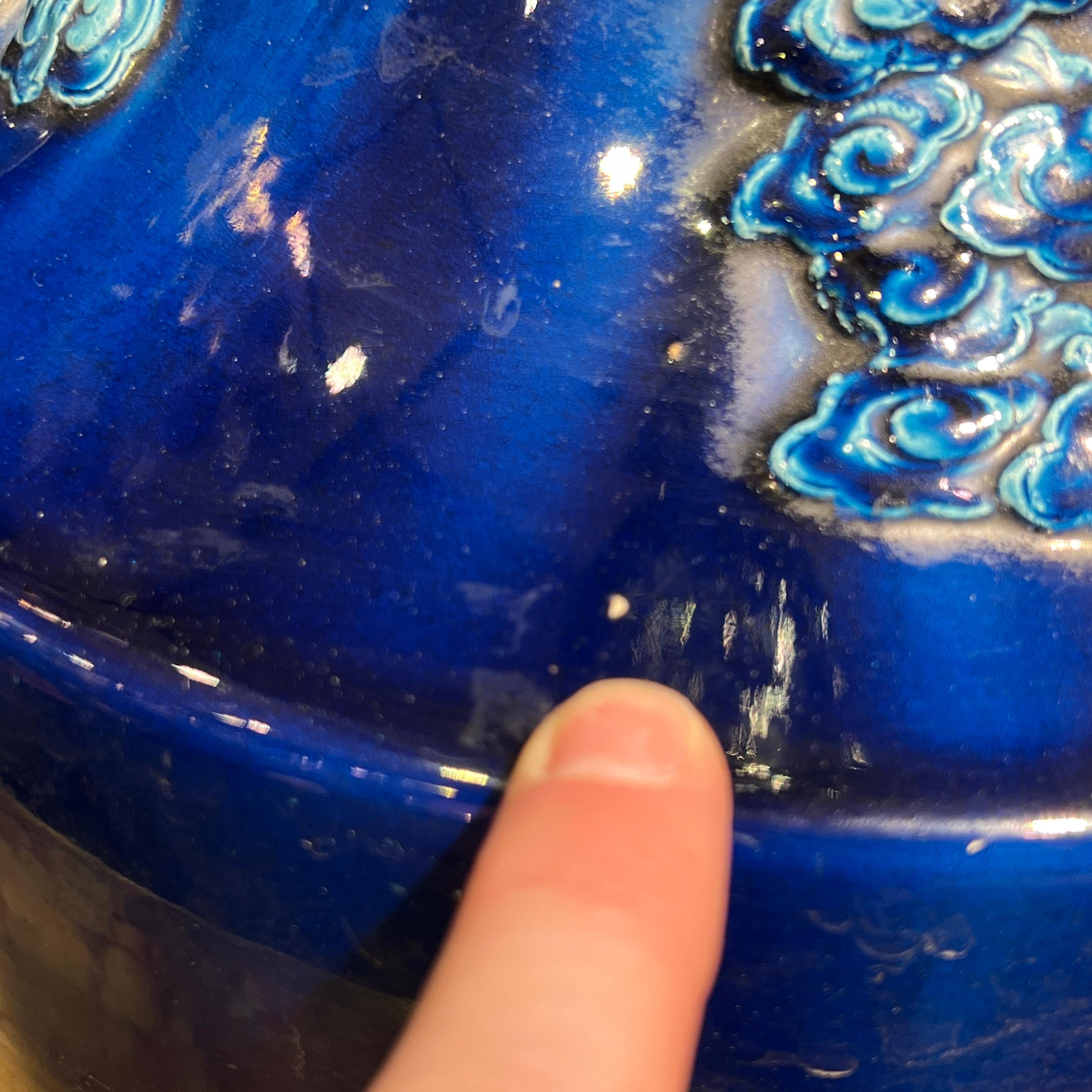 sehr große japanische blau Flambe glasierte Keramikvase mit Drachenmotiv aus Keramik im Angebot 13