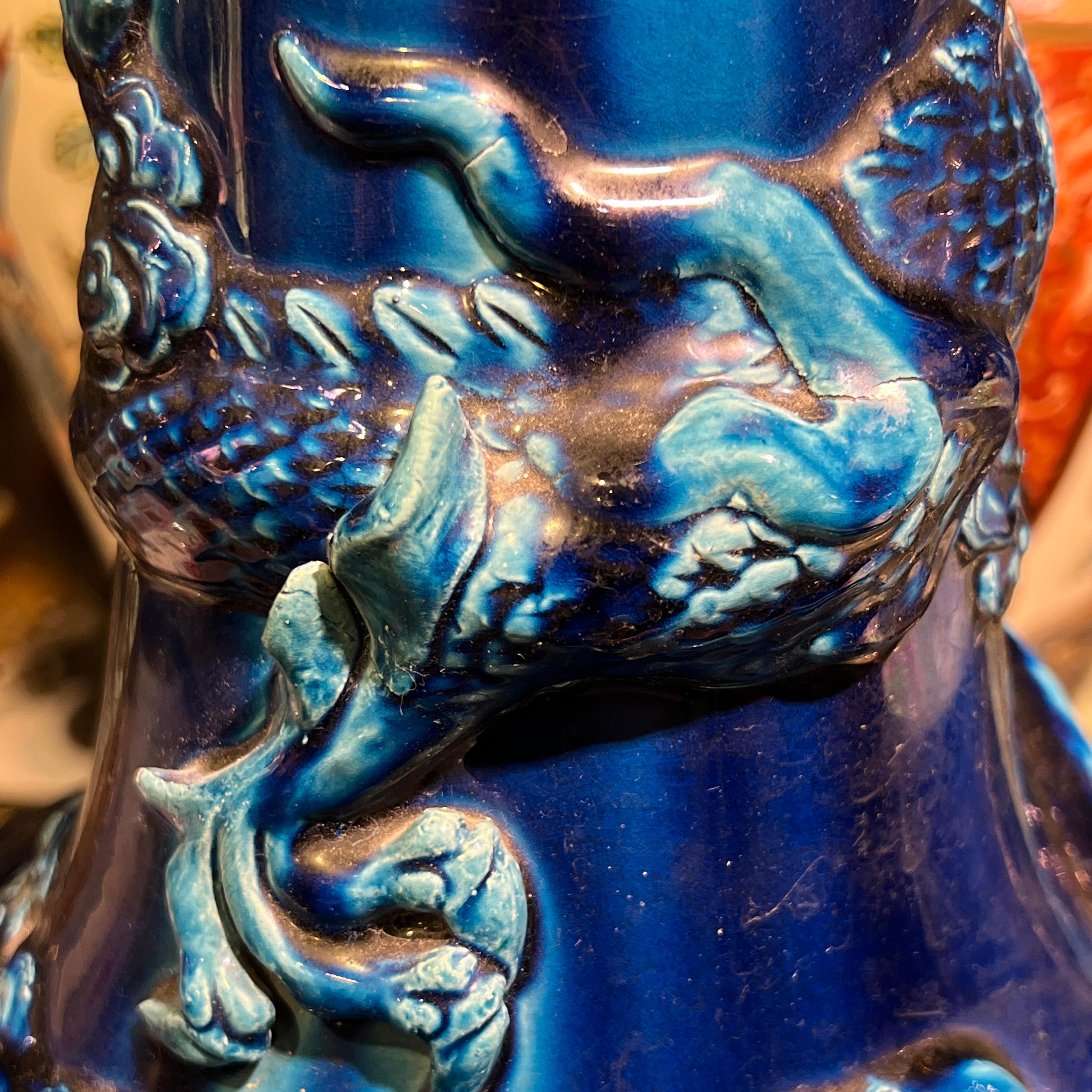 Late 19th Century very large Japanese Blue Flambe Glazed Ceramic Dragon Vase For Sale