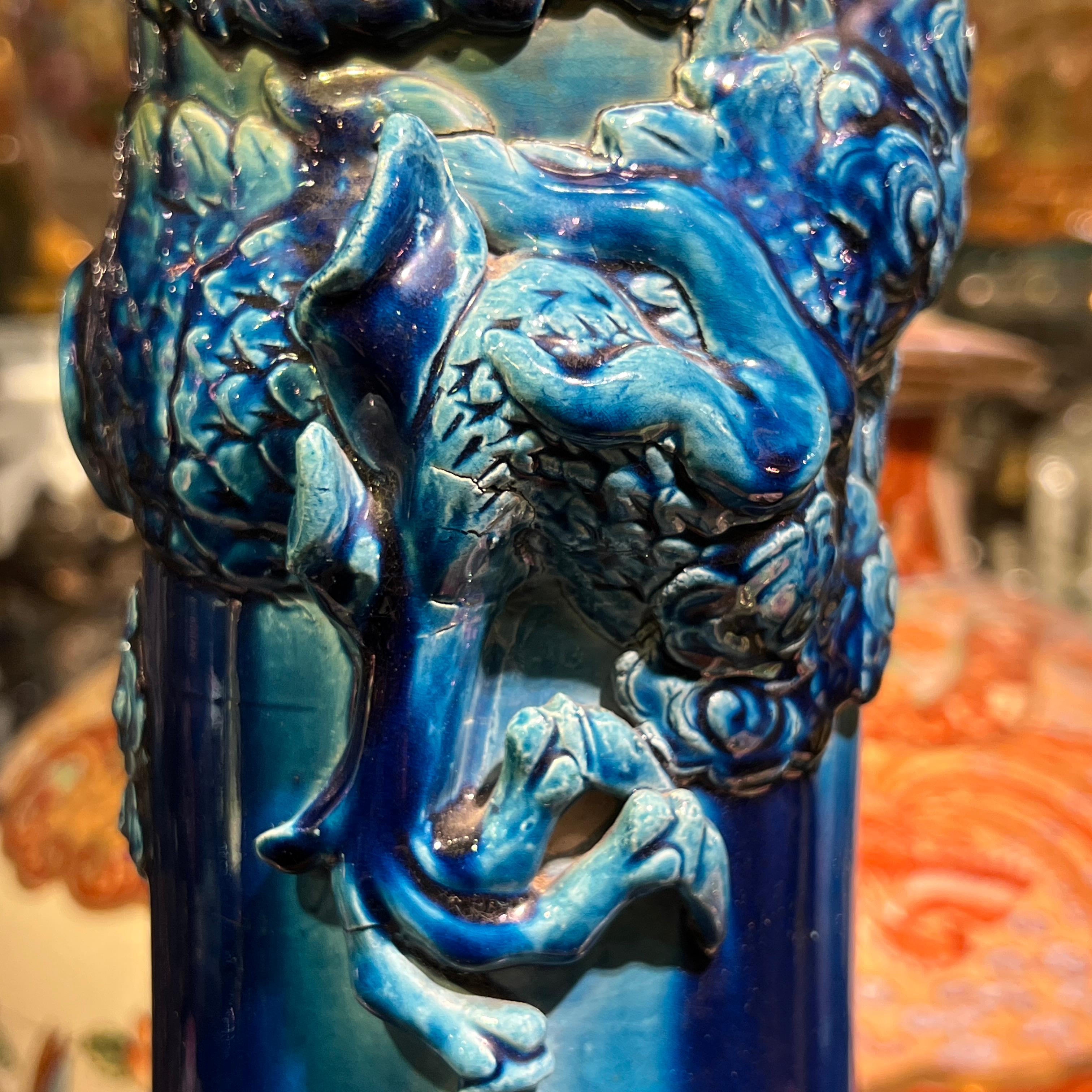 very large Japanese Blue Flambe Glazed Ceramic Dragon Vase For Sale 1
