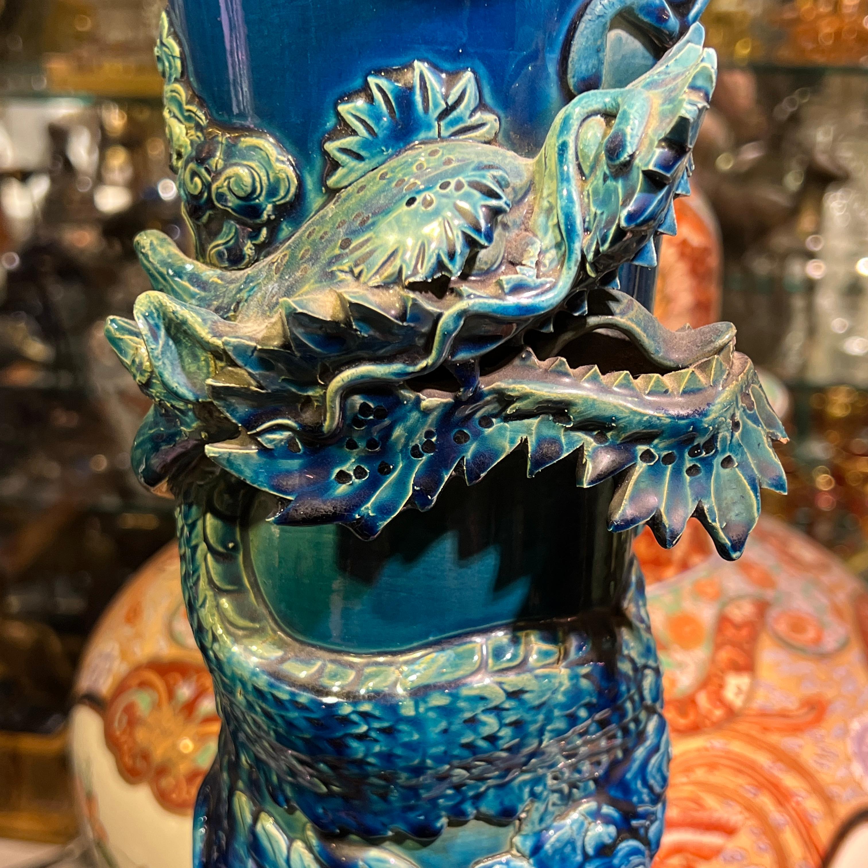 very large Japanese Blue Flambe Glazed Ceramic Dragon Vase For Sale 2