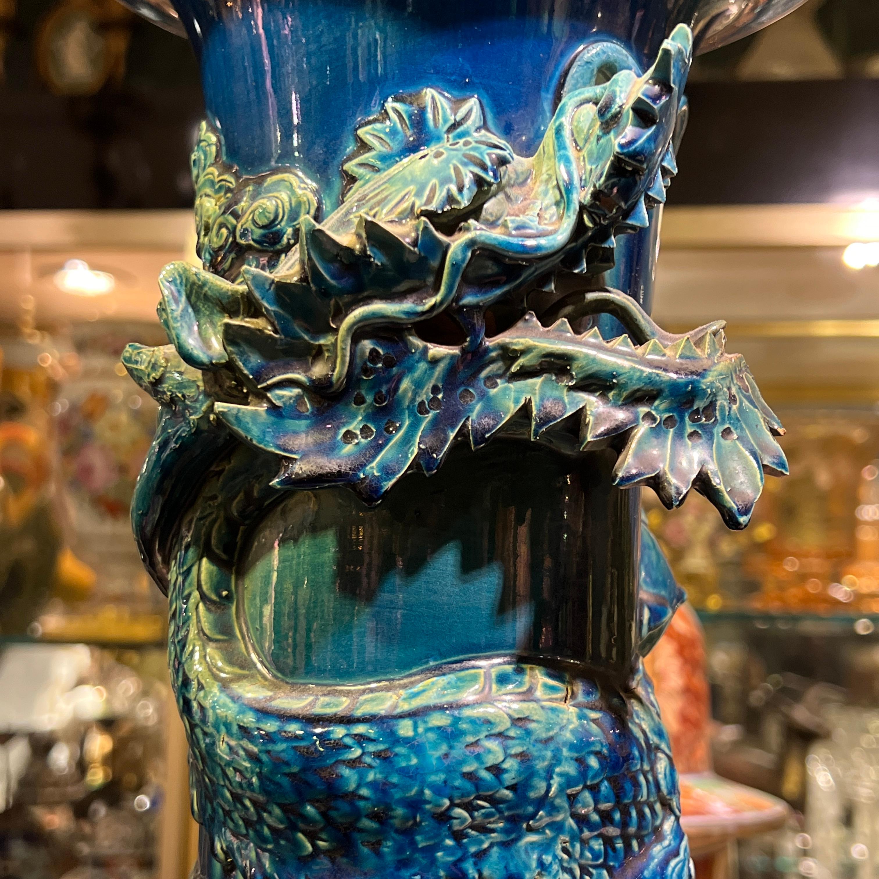 very large Japanese Blue Flambe Glazed Ceramic Dragon Vase For Sale 3