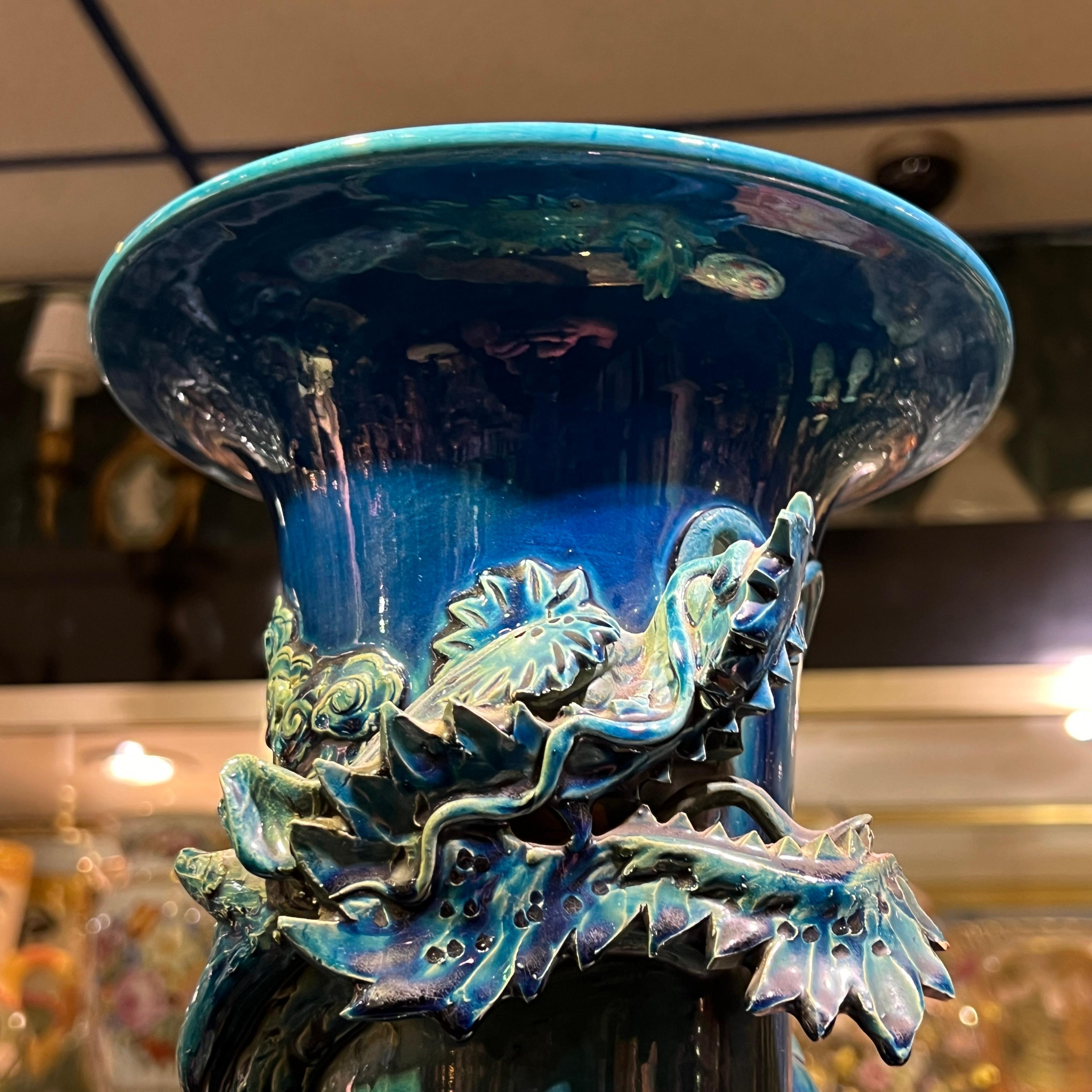 very large Japanese Blue Flambe Glazed Ceramic Dragon Vase For Sale 4