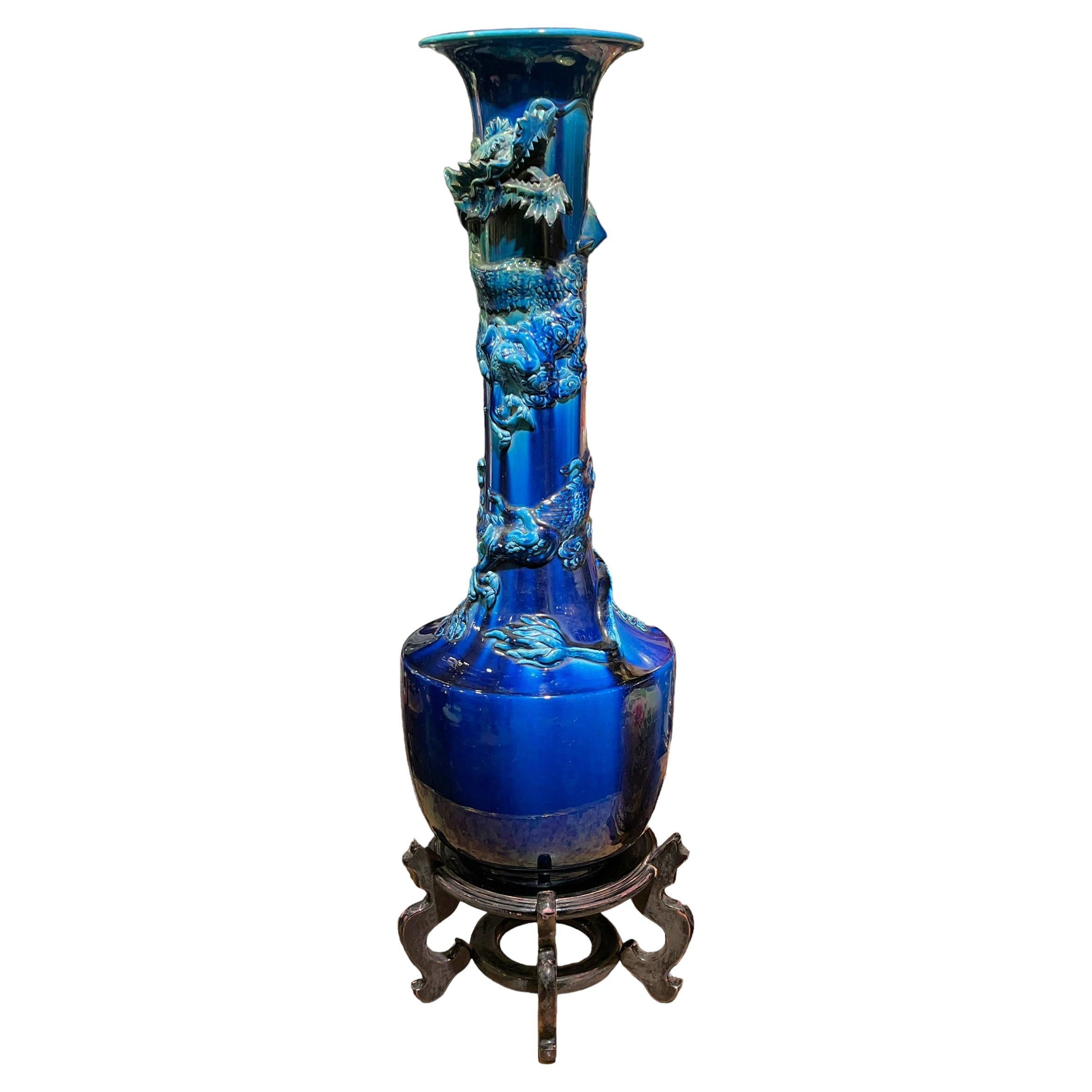 very large Japanese Blue Flambe Glazed Ceramic Dragon Vase For Sale