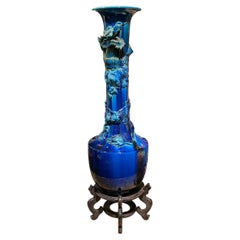 Antique very large Japanese Blue Flambe Glazed Ceramic Dragon Vase