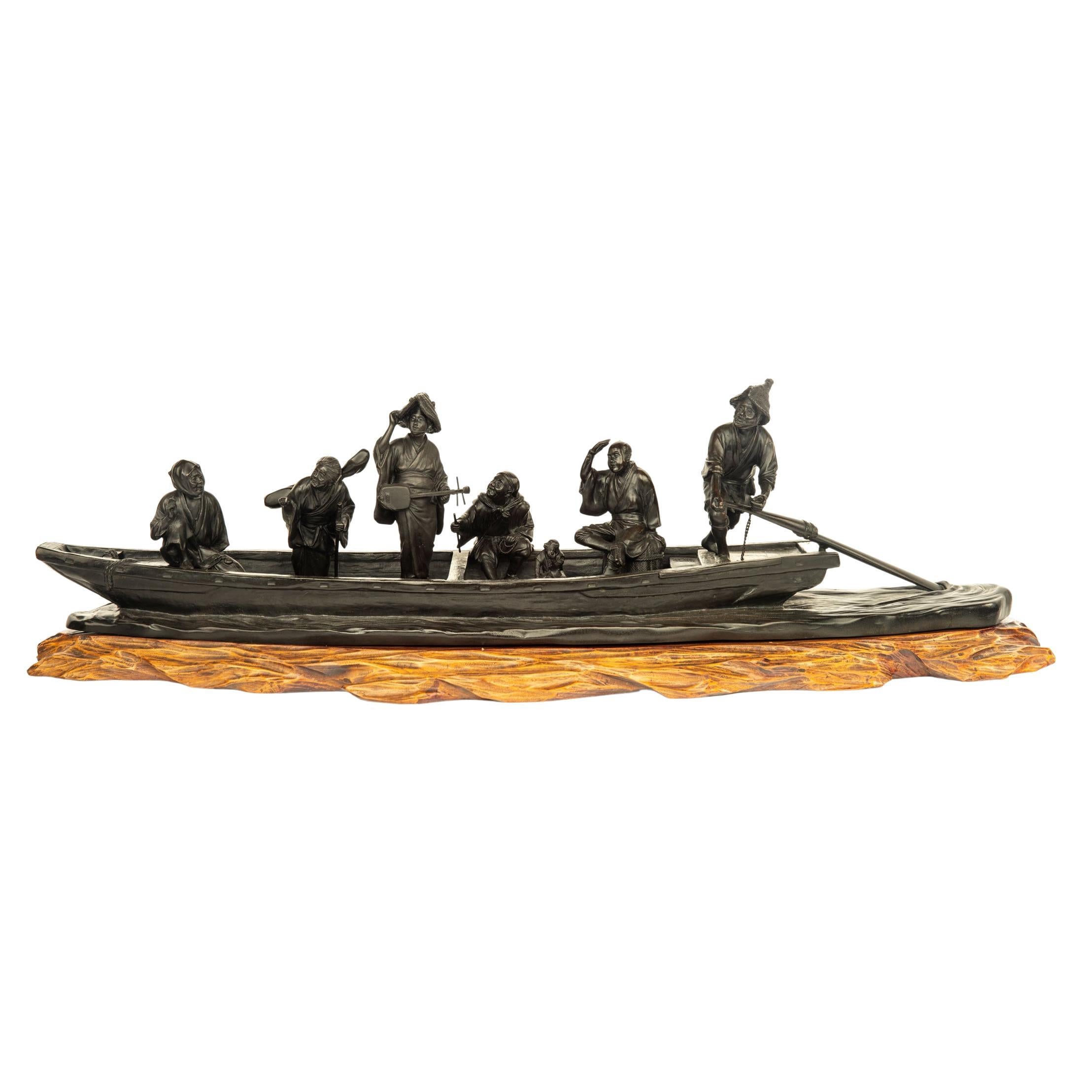 Großes japanisches Ferry Boat-Okimono aus Bronze von Seiya