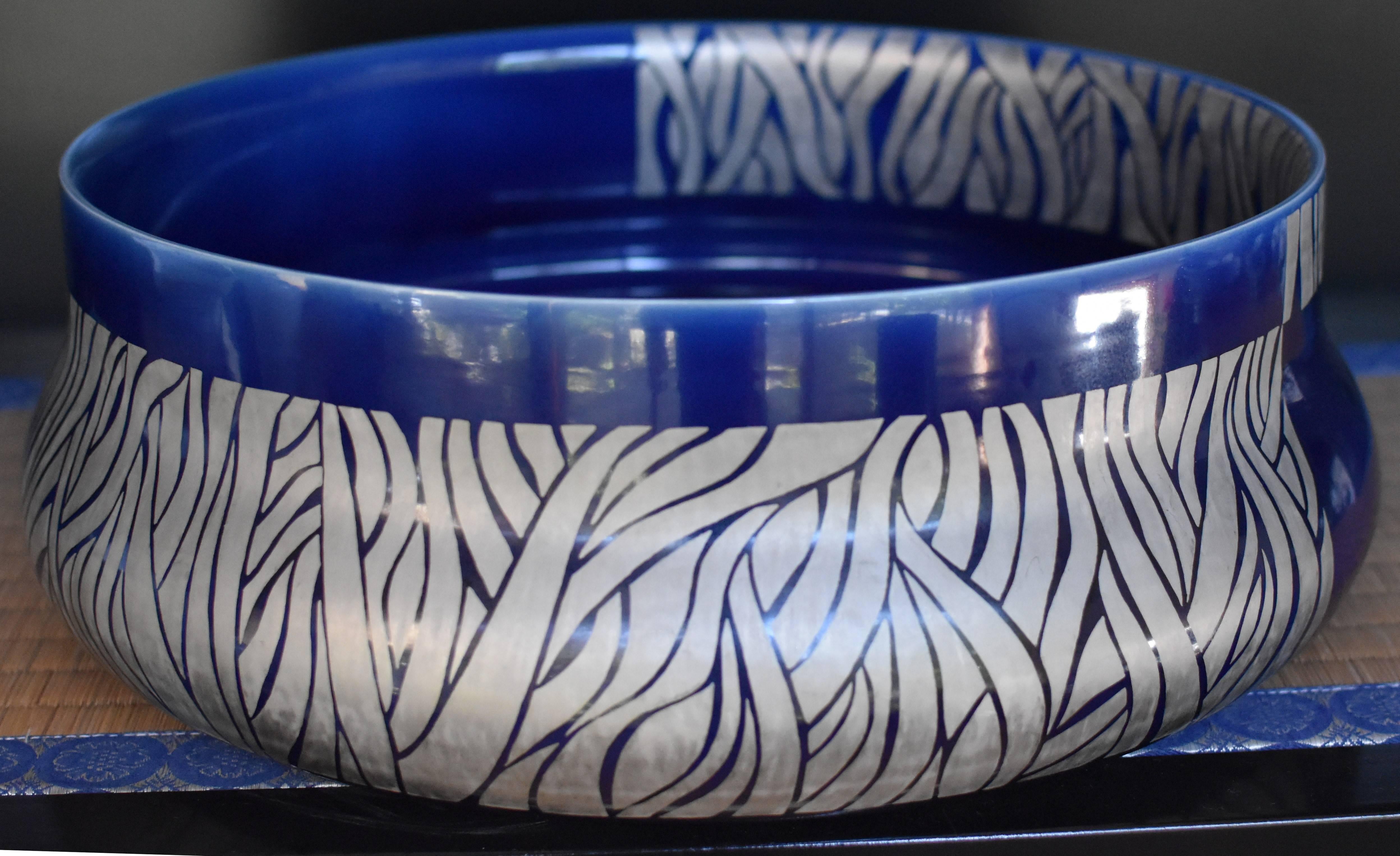 Gilt Japanese Blue Platinum Porcelain Vase by Master Artist, 2 For Sale