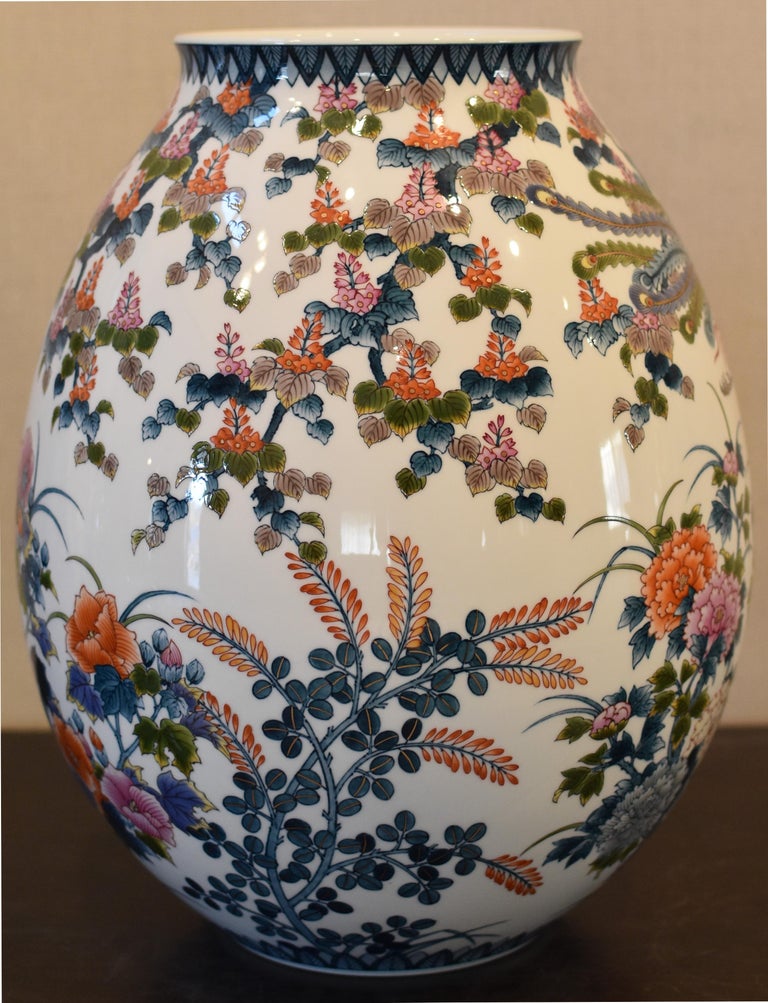 Very Large Japanese Contemporary Blue Red Imari Ceramic Vase by Master