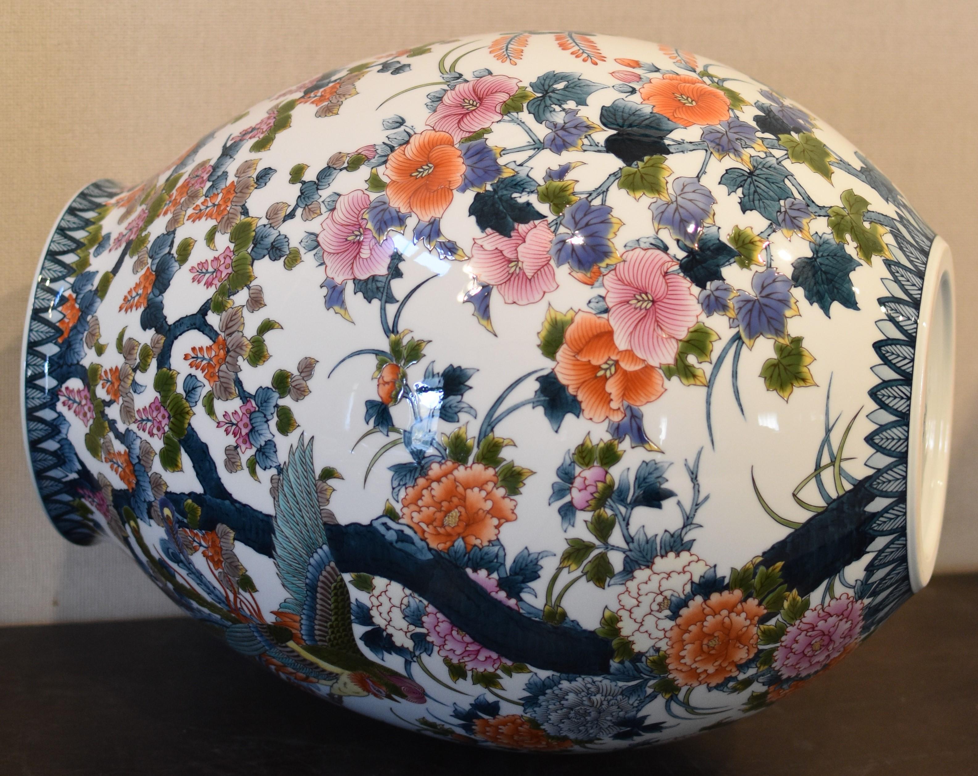 Hand-Painted Large Blue Orange Porcelain Vase by Contemporary Japanese Master Artist