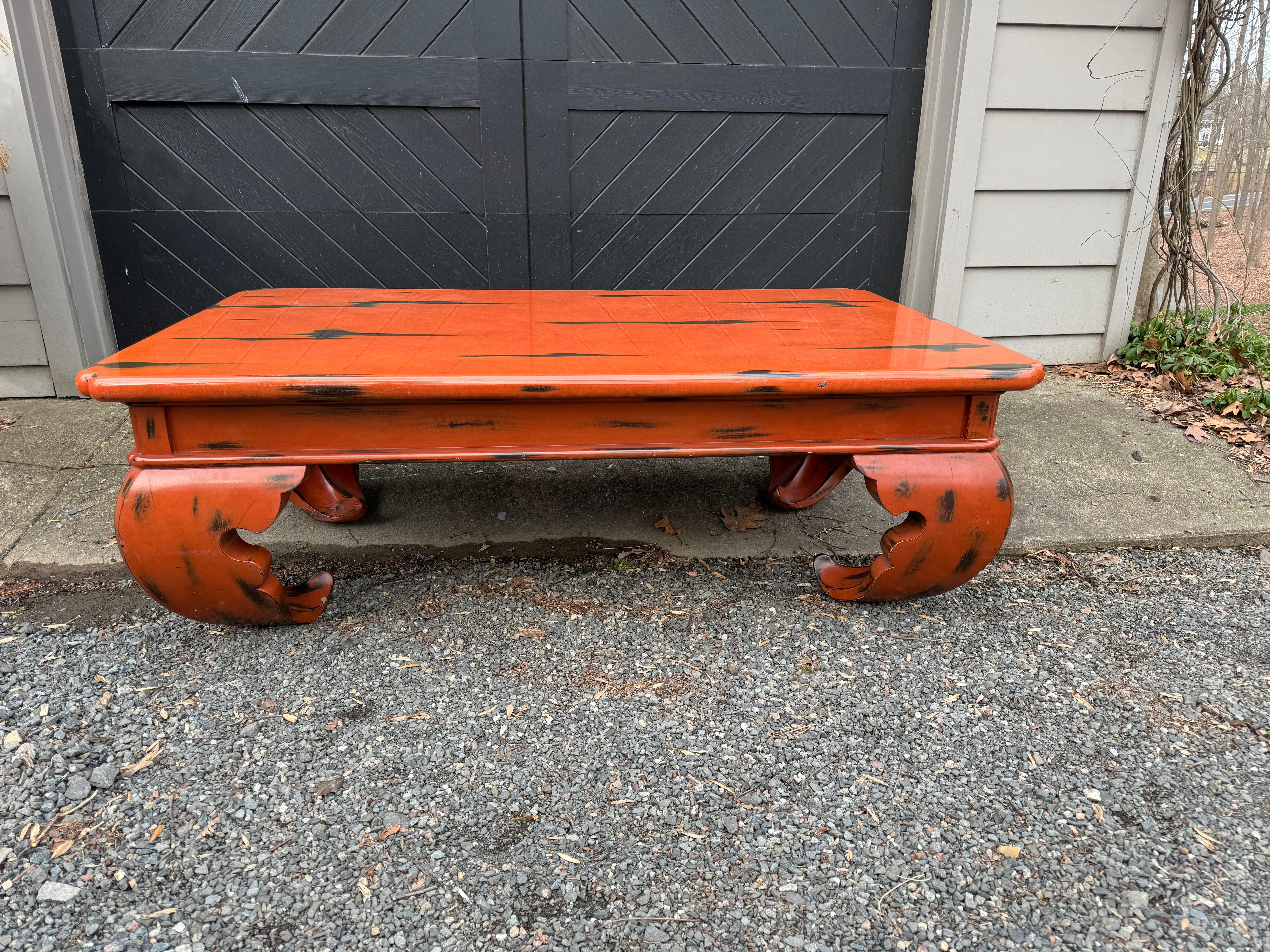 Wood Very Large Karl Springer Style Hermes Orange Painted Coffee Table For Sale