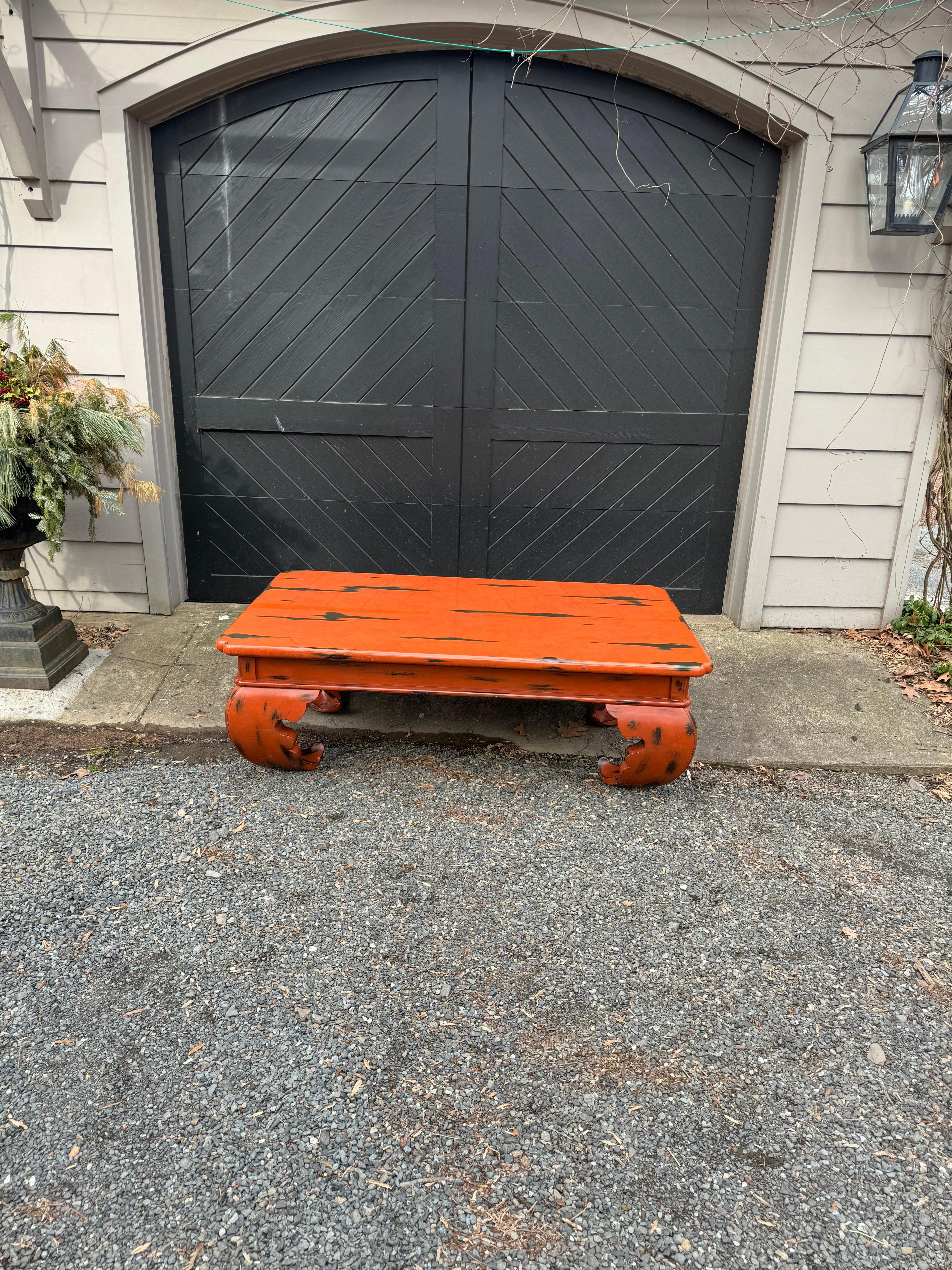 Very Large Karl Springer Style Hermes Orange Painted Coffee Table For Sale 1