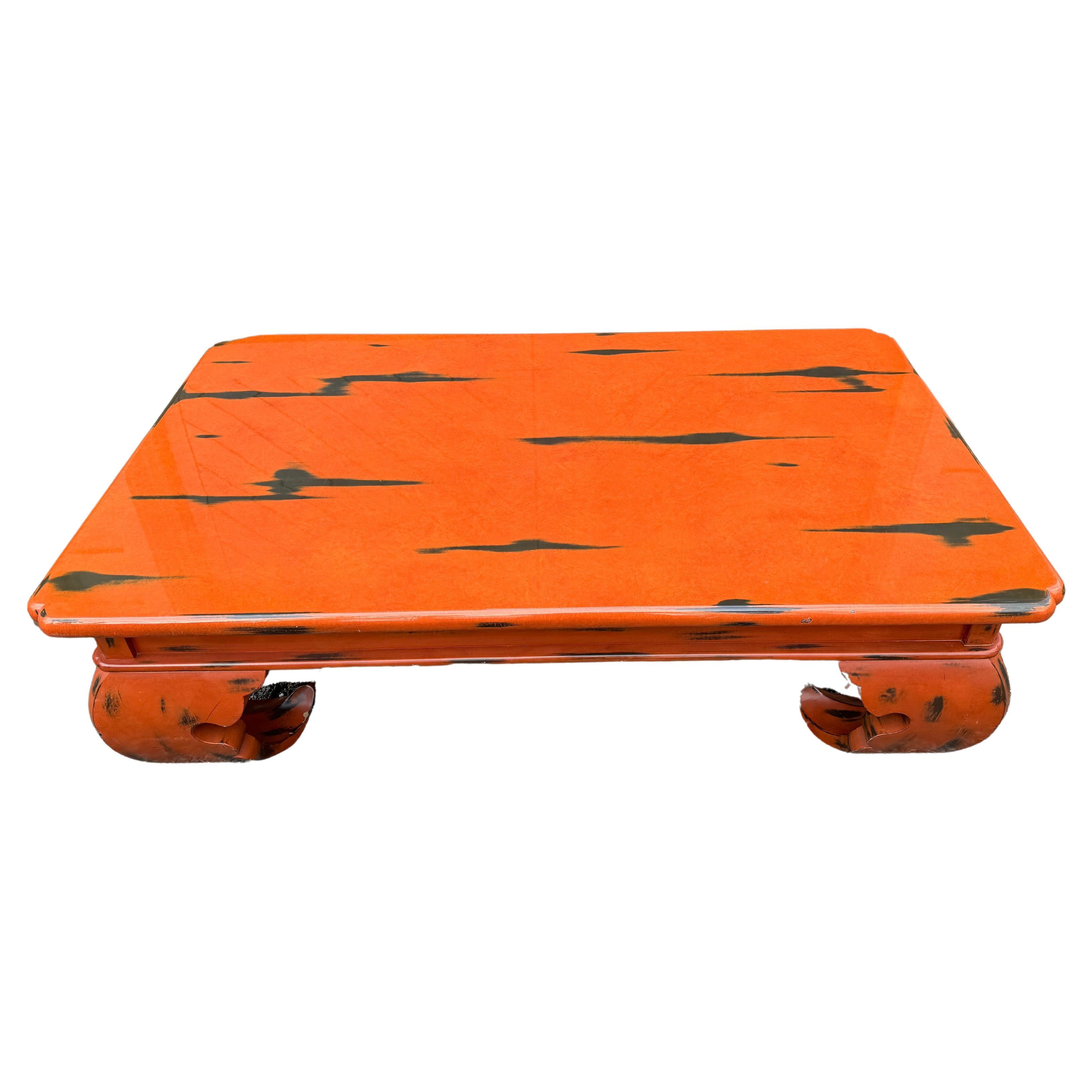 Very Large Karl Springer Style Hermes Orange Painted Coffee Table For Sale
