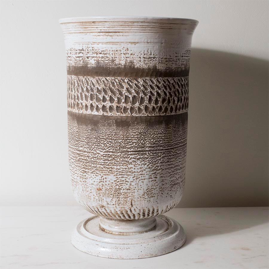 Very large Keramos vase/uplight on circular pedestal base, signed ‘Keramos’, France, 1940s
Ceramic
Measures: Height 17, diameter 13 in.

Please note that this can be adapted to be an uplight as originally intended, there is a reflector and small