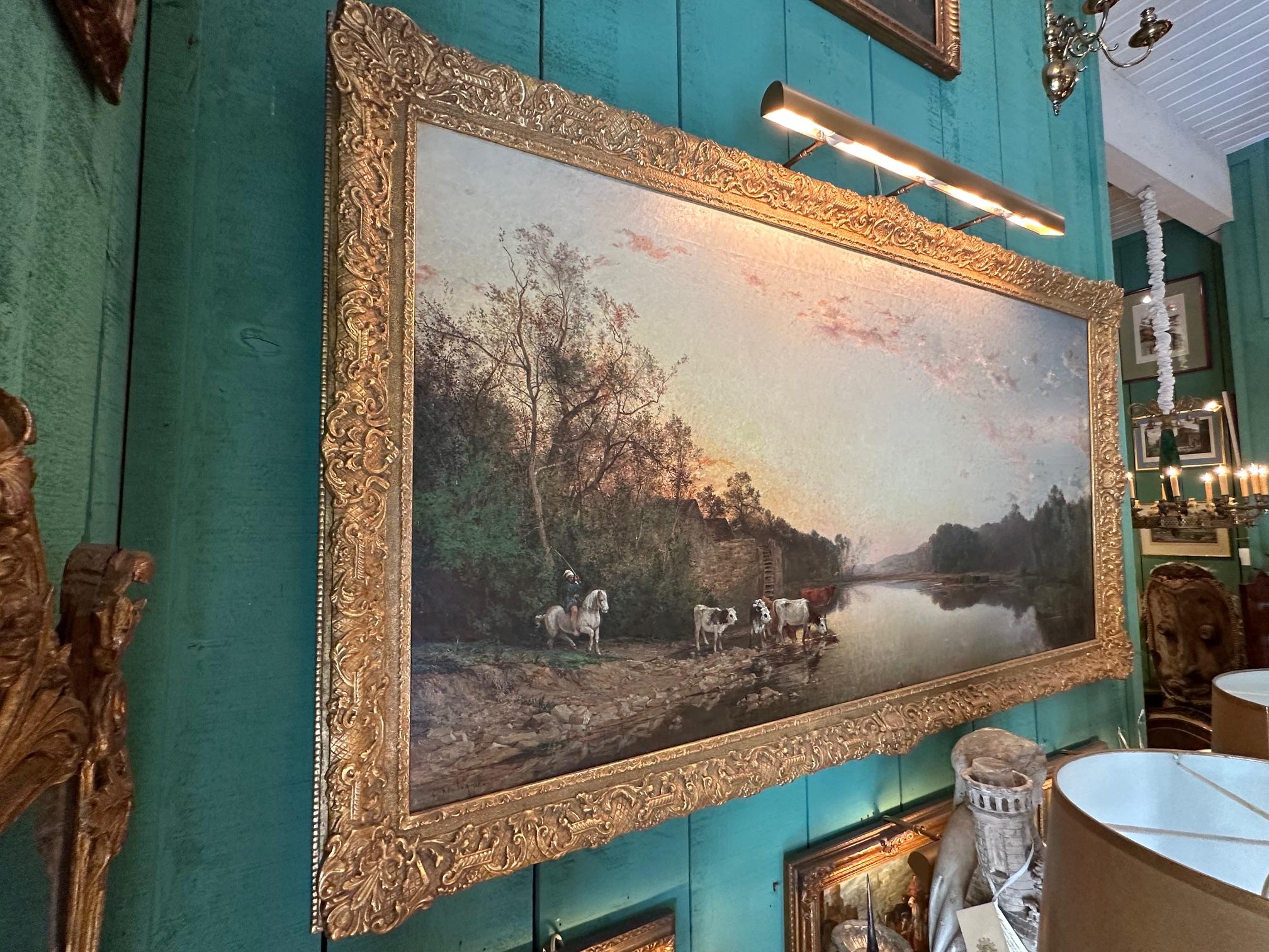Gran Paisaje Pastoral Verdure Óleo sobre lienzo, Ch. Vacas de Boulogne Regando en venta 9