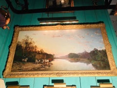 Très grande huile sur toile pastorale de Verdure, Ch. Boulogne Arrosage des vaches