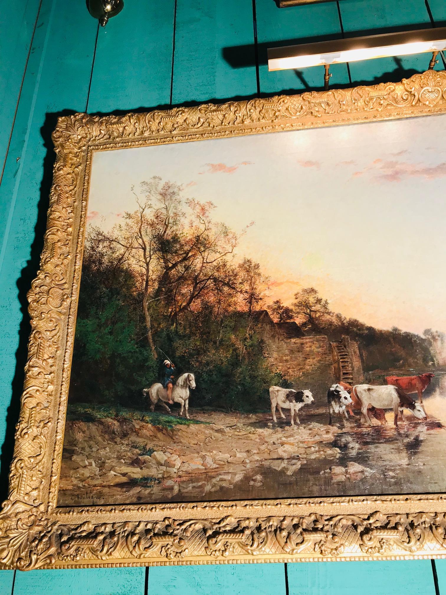 Very Large Landscape Verdure Pastoral Oil on Canvas, Ch. Boulogne Cows Watering In Good Condition For Sale In West Hollywood, CA