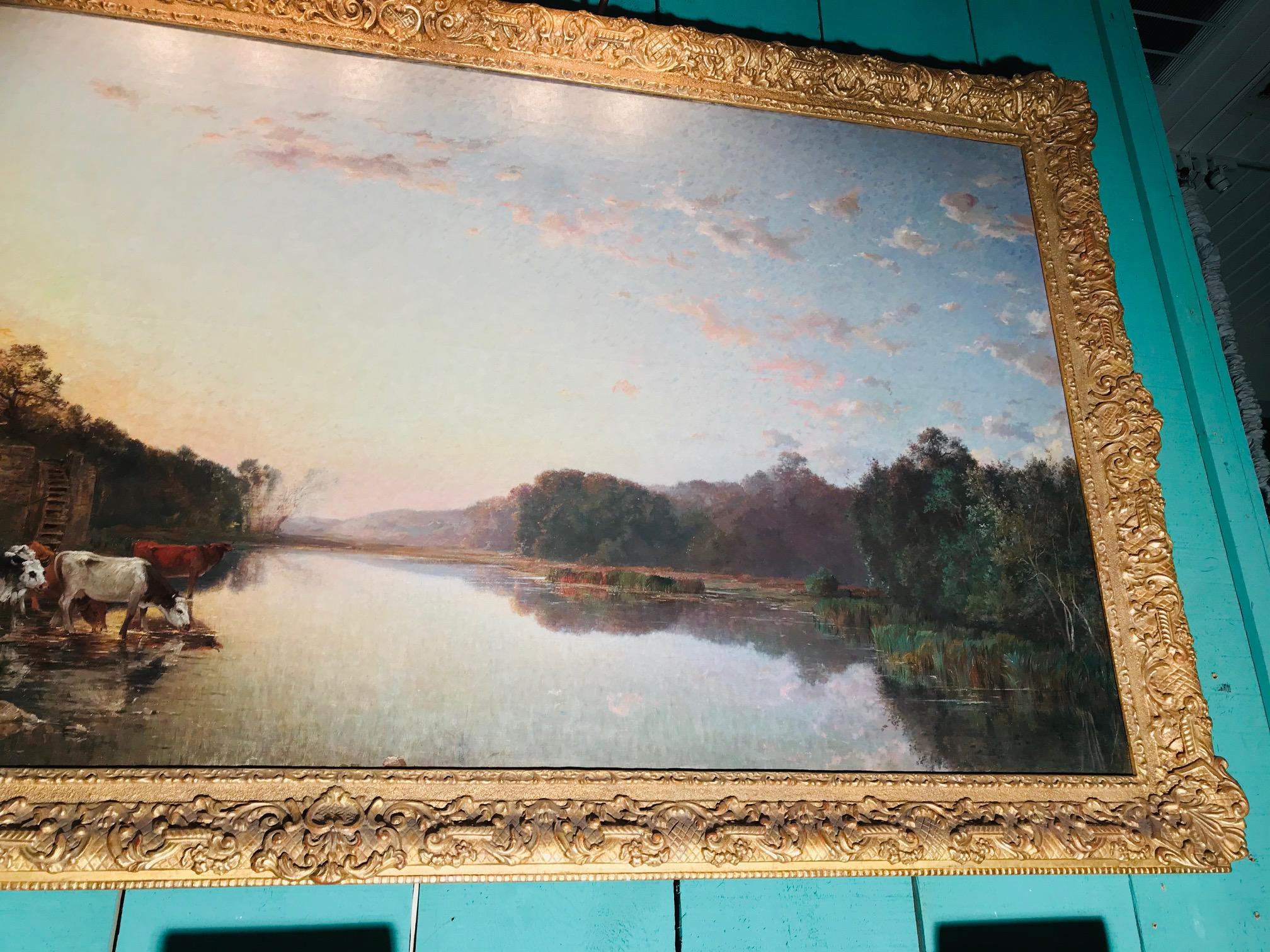 Gran Paisaje Pastoral Verdure Óleo sobre lienzo, Ch. Vacas de Boulogne Regando Lienzo en venta