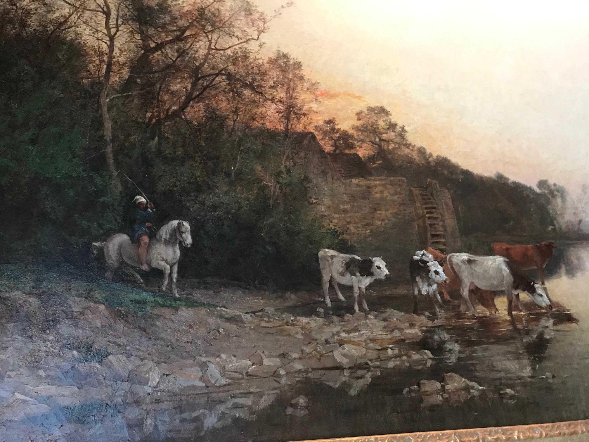 Very Large Landscape Verdure Pastoral Oil on Canvas, Ch. Boulogne Cows Watering For Sale 3