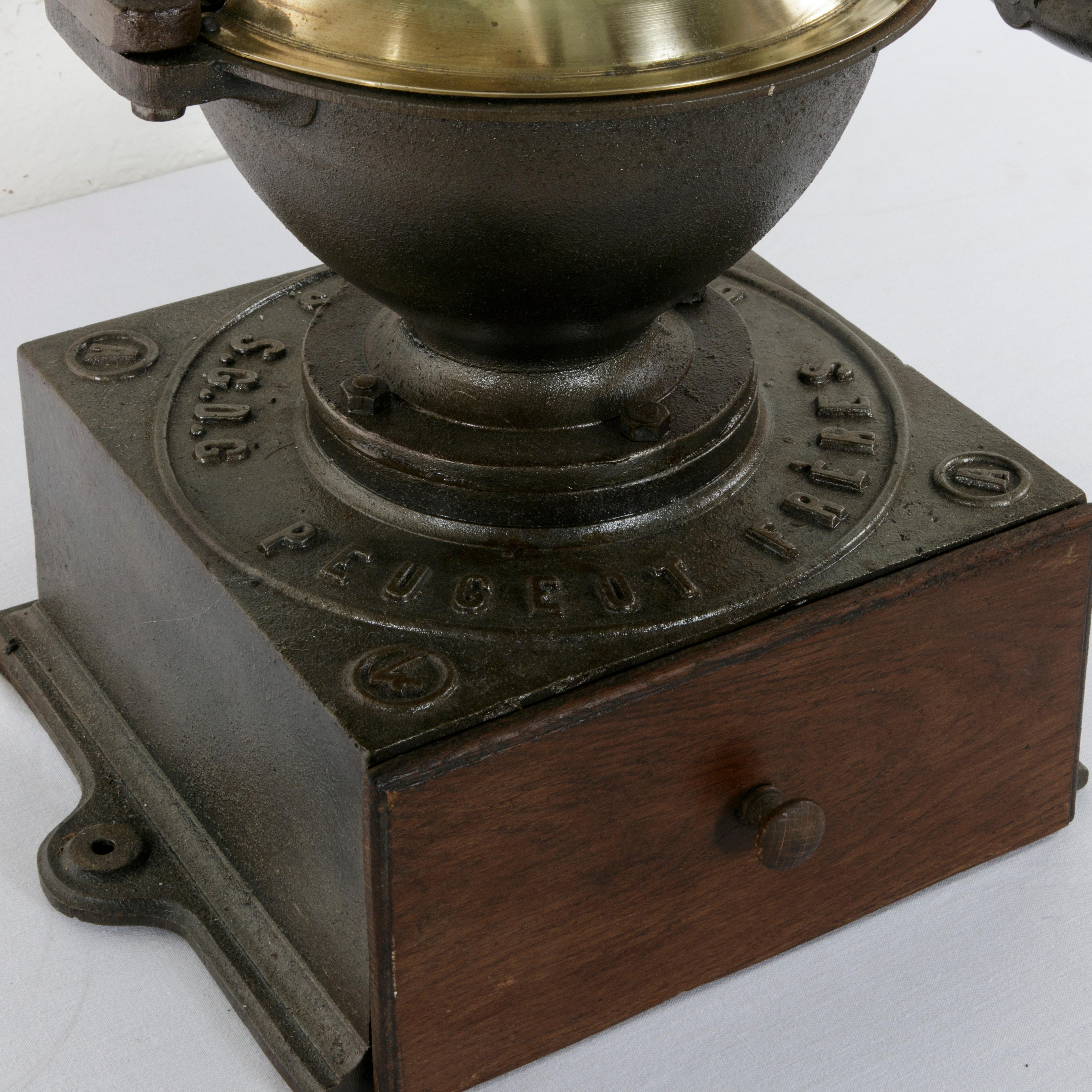 Very Large Late 19th Century Peugeot Number 4 Iron and Brass Coffee Grinder In Good Condition In Fayetteville, AR