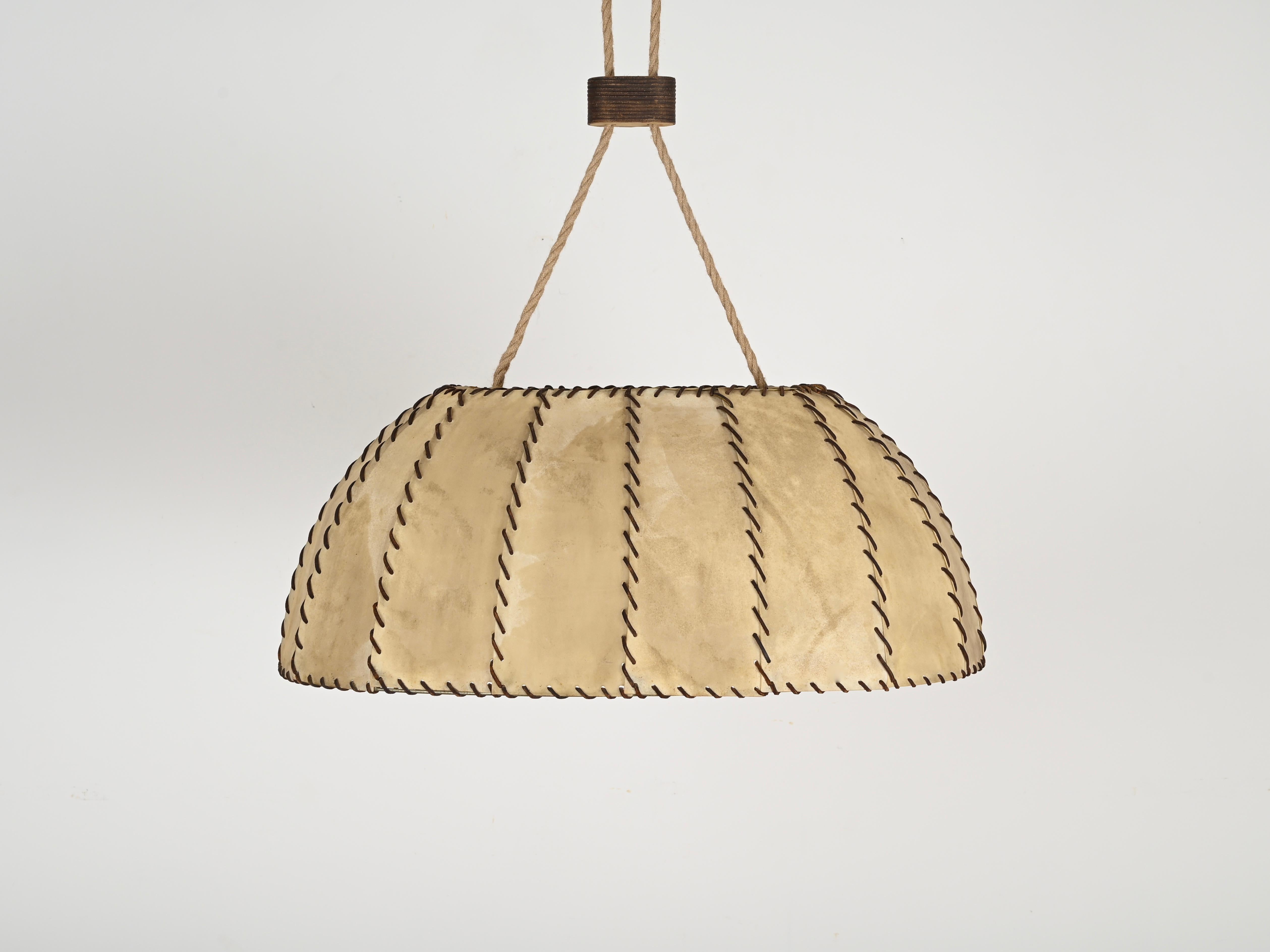 Very Large Leather and Vellum Italian Chandelier, Max Ingrand, Italy 1940s 6