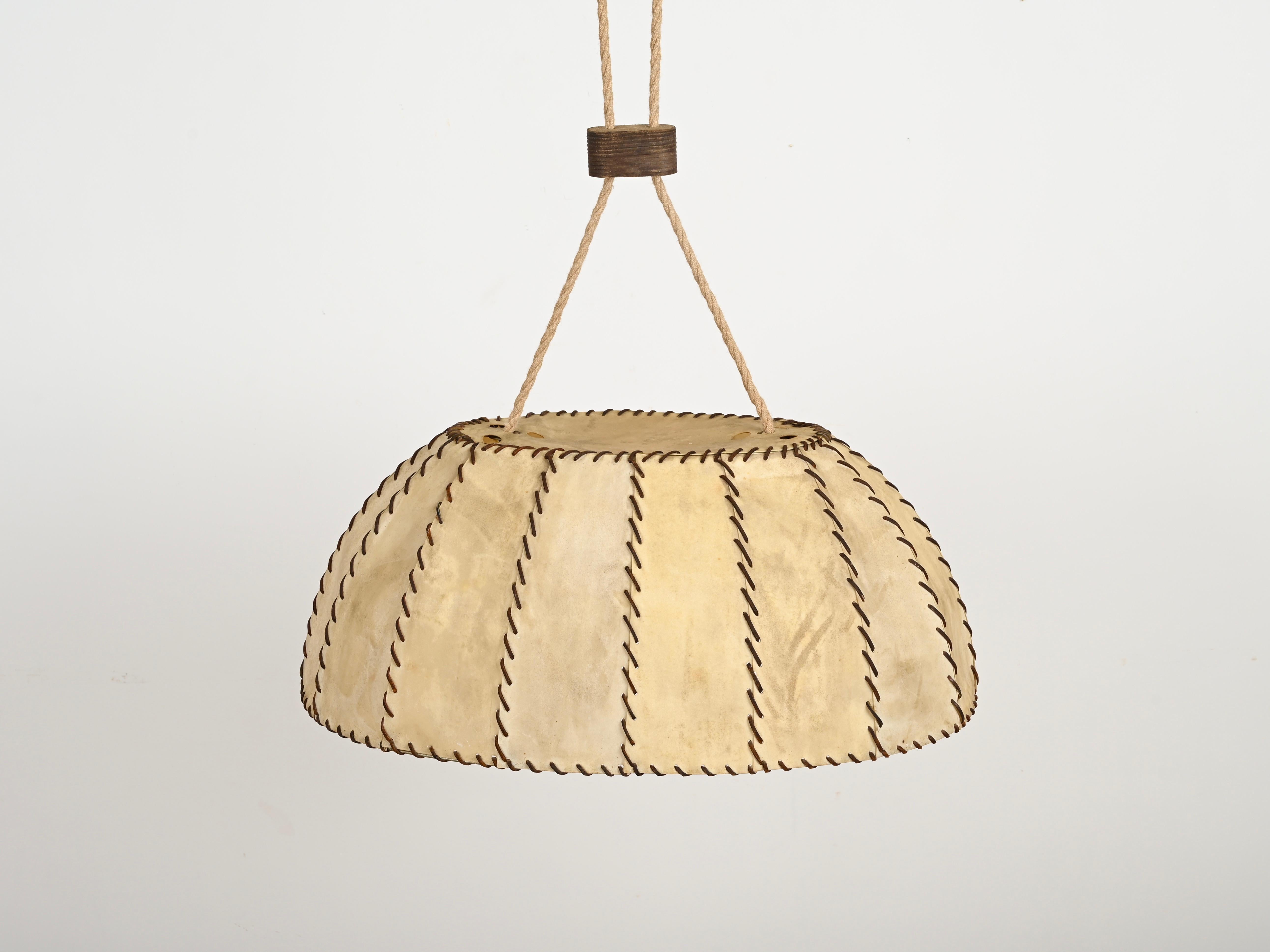 Very Large Leather and Vellum Italian Chandelier, Max Ingrand, Italy 1940s 10