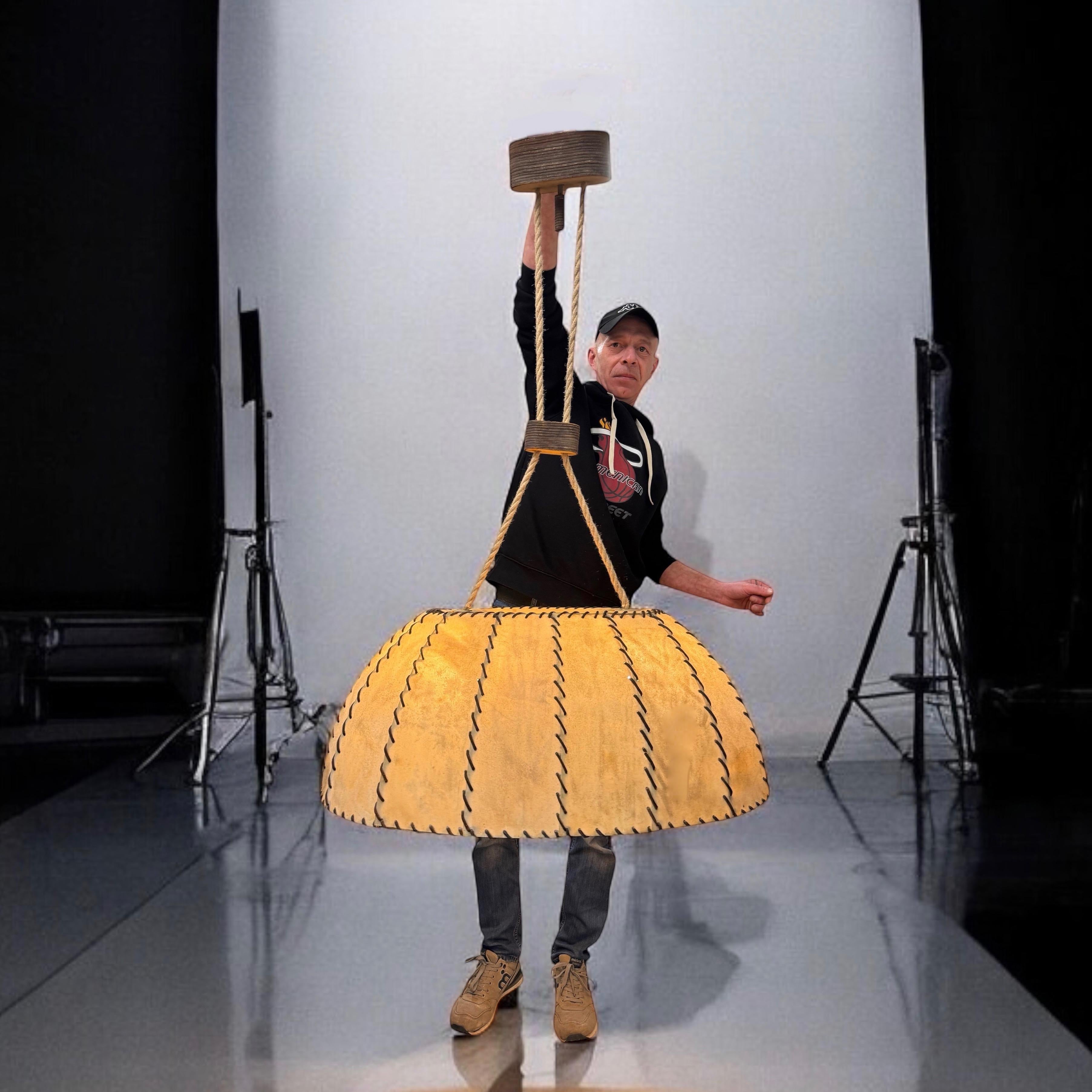 Mid-20th Century Very Large Leather and Vellum Italian Chandelier, Max Ingrand, Italy 1940s