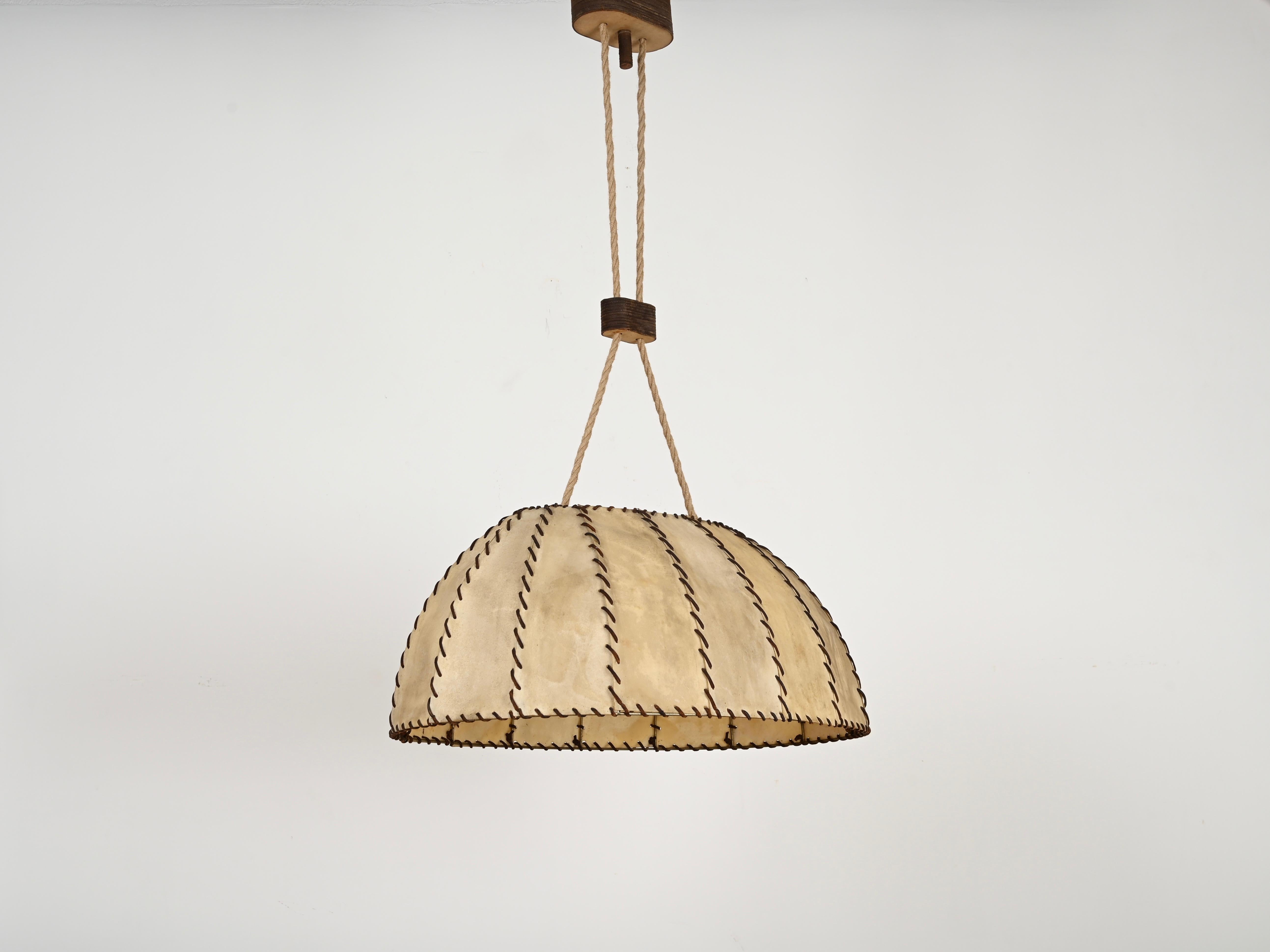 Rope Very Large Leather and Vellum Italian Chandelier, Max Ingrand, Italy 1940s