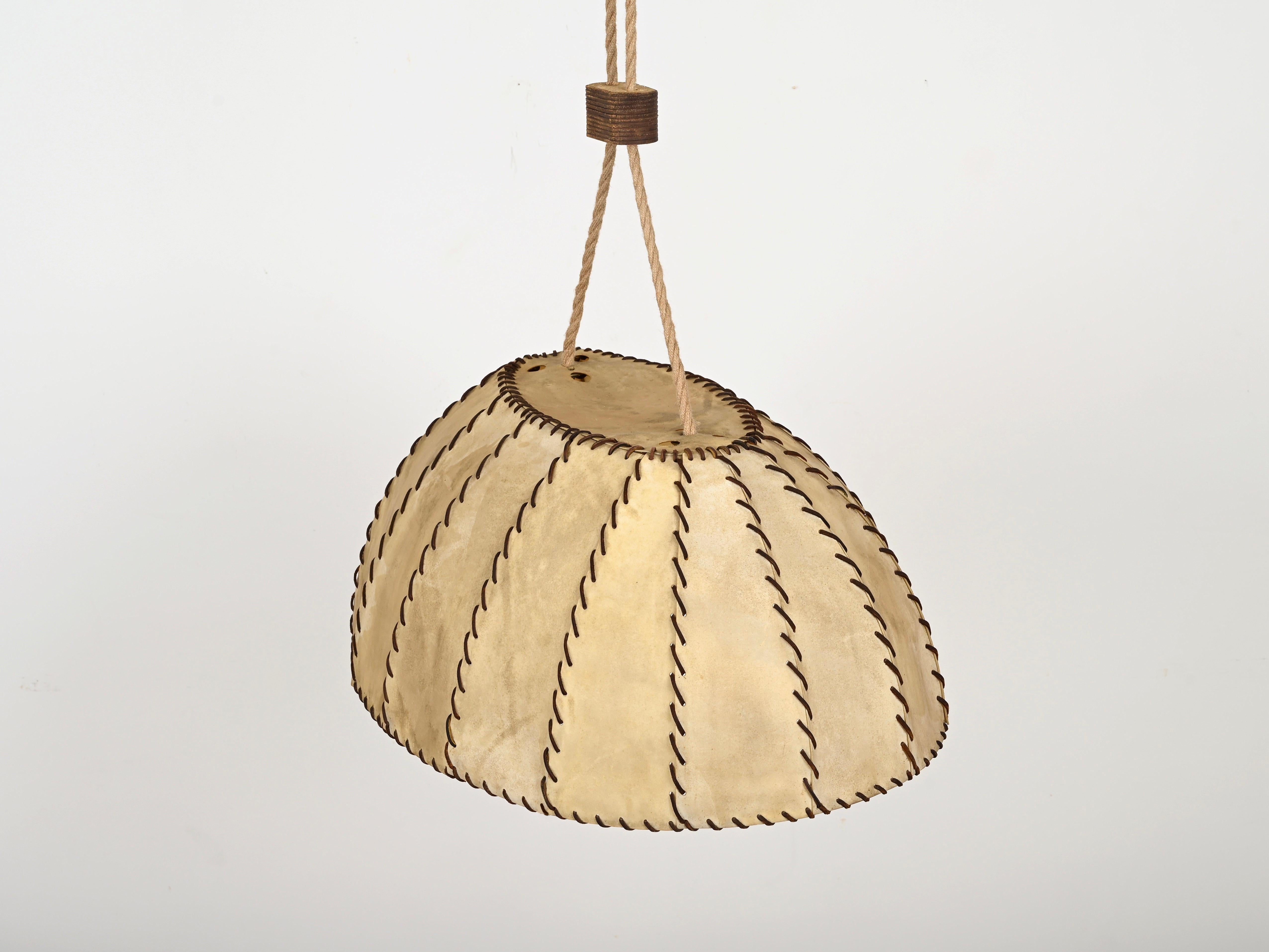 Very Large Leather and Vellum Italian Chandelier, Max Ingrand, Italy 1940s 2
