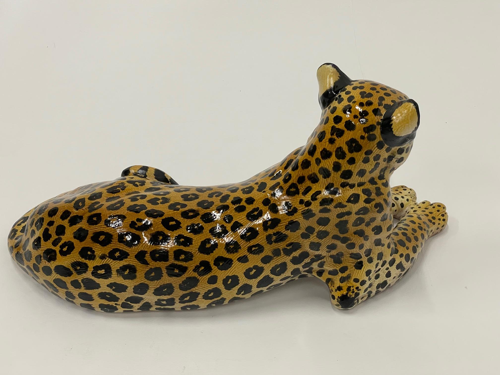 Very Large Lifesize Italian Glazed Terracotta Leopard Sculpture in Repose 1