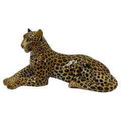Very Large Lifesize Italian Glazed Terracotta Leopard Sculpture in Repose